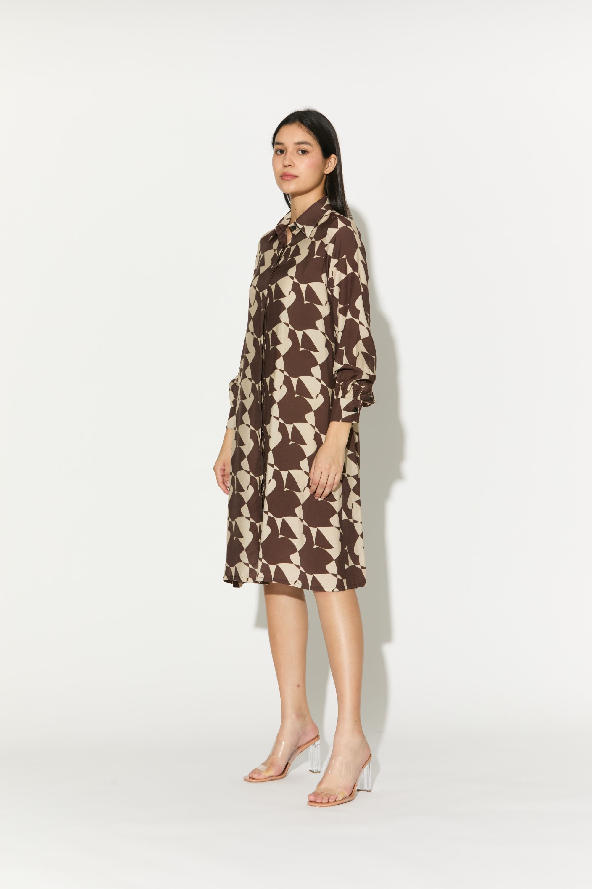 Brown And White Abstract Shirt Dress