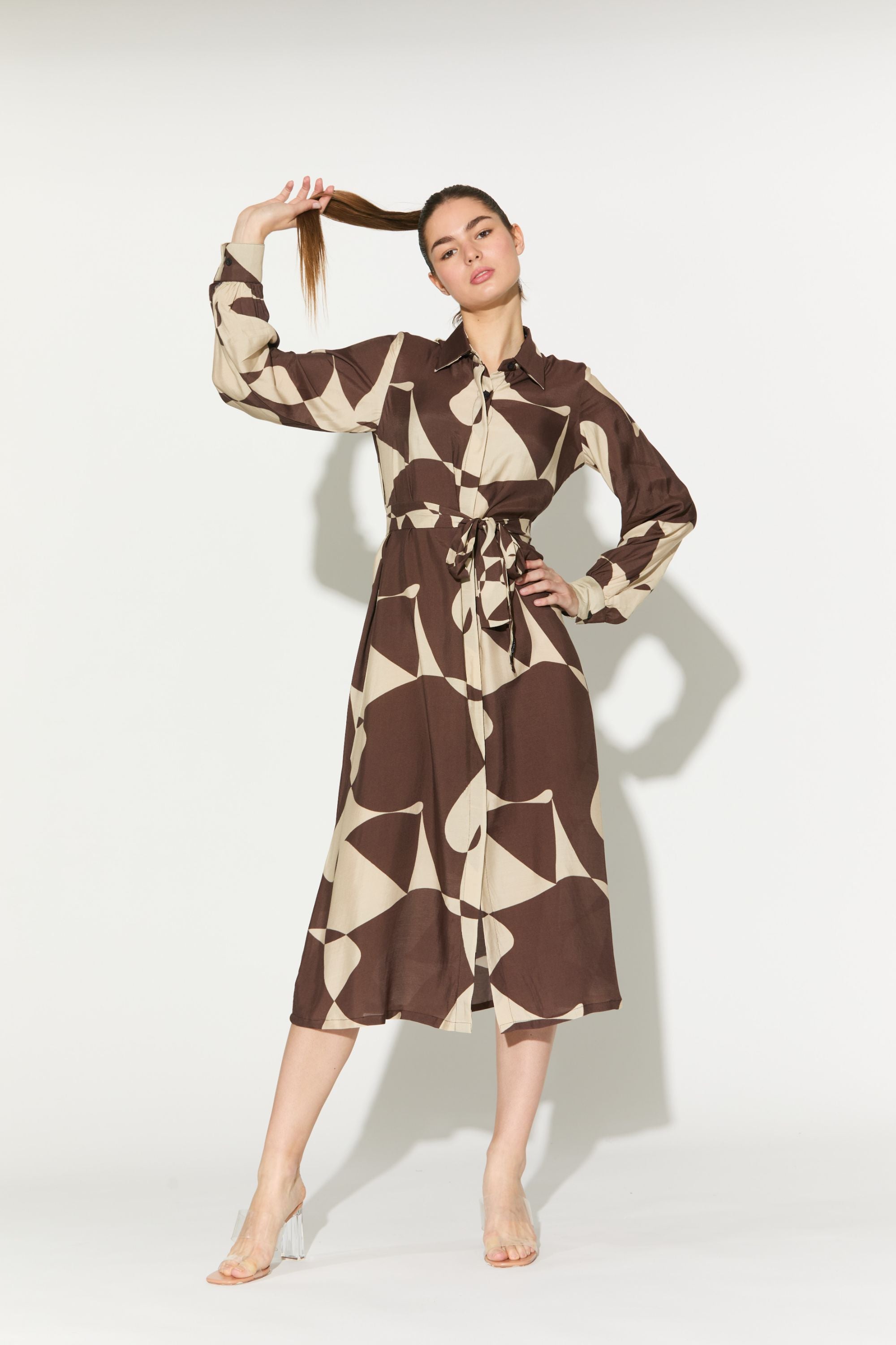 Brown And White Abstract Long Shirt