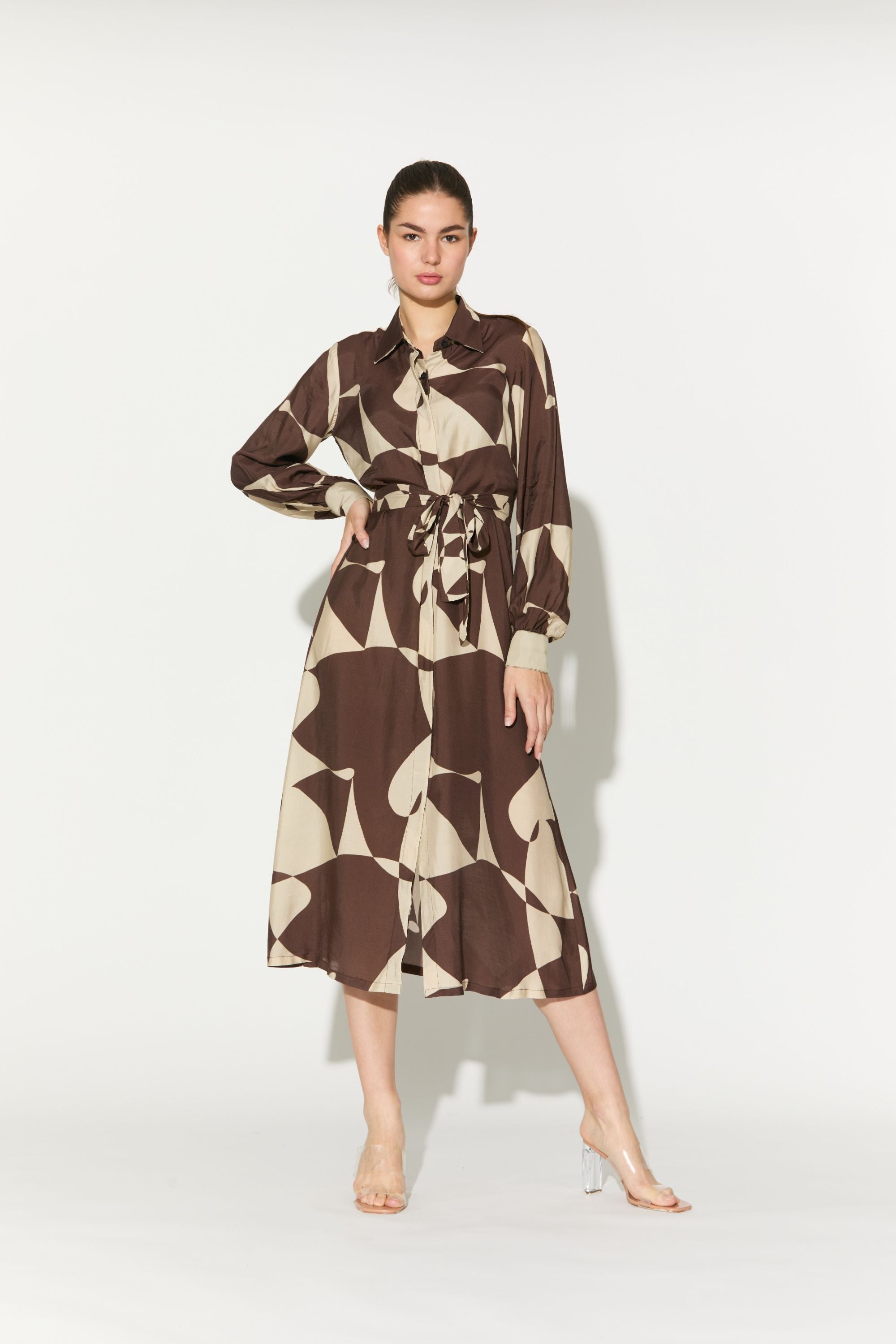 Brown And White Abstract Shirt Dress