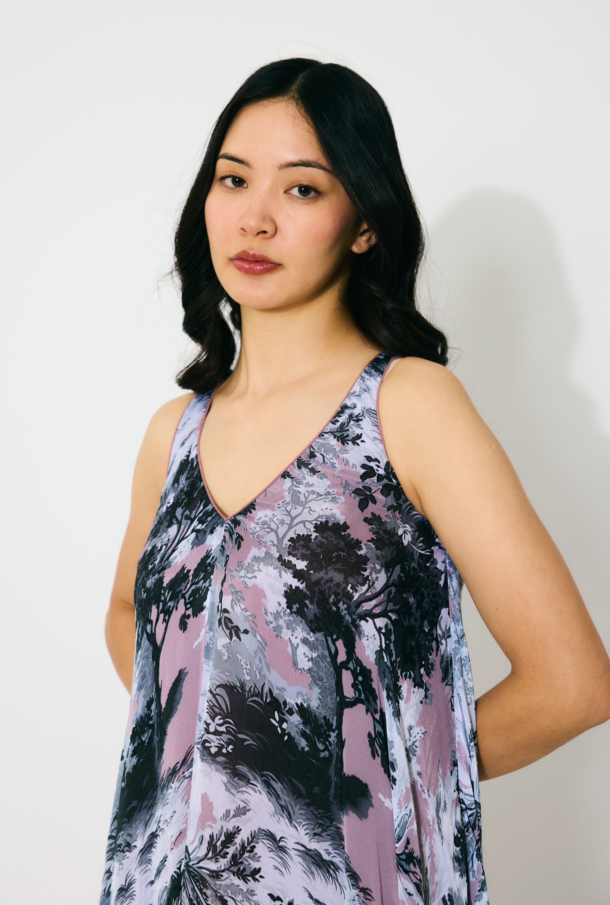 PINK, GREY AND WHITE TOILE PRINT LONG DRESS