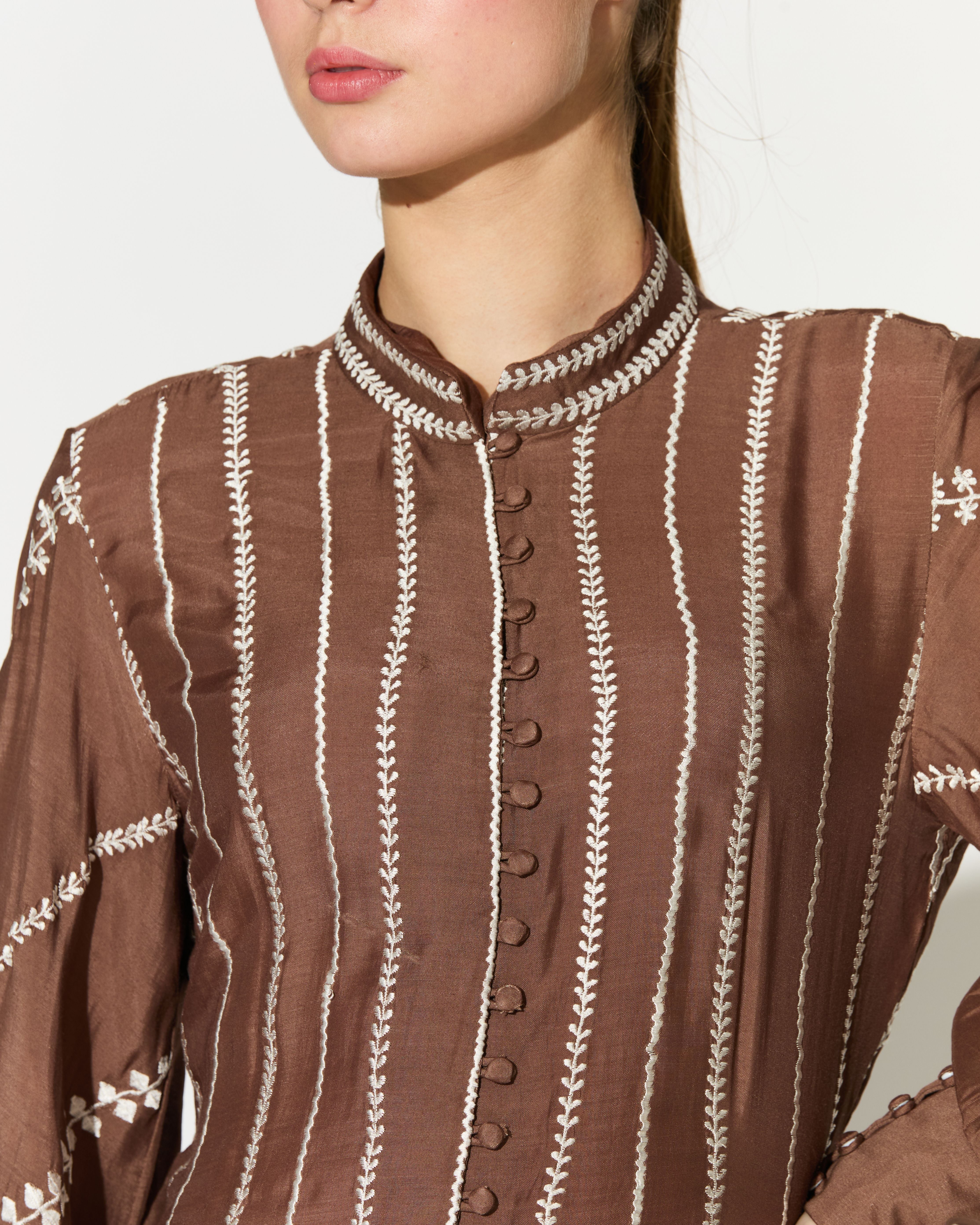 BROWN EMBROIDERED SHIRT DRESS