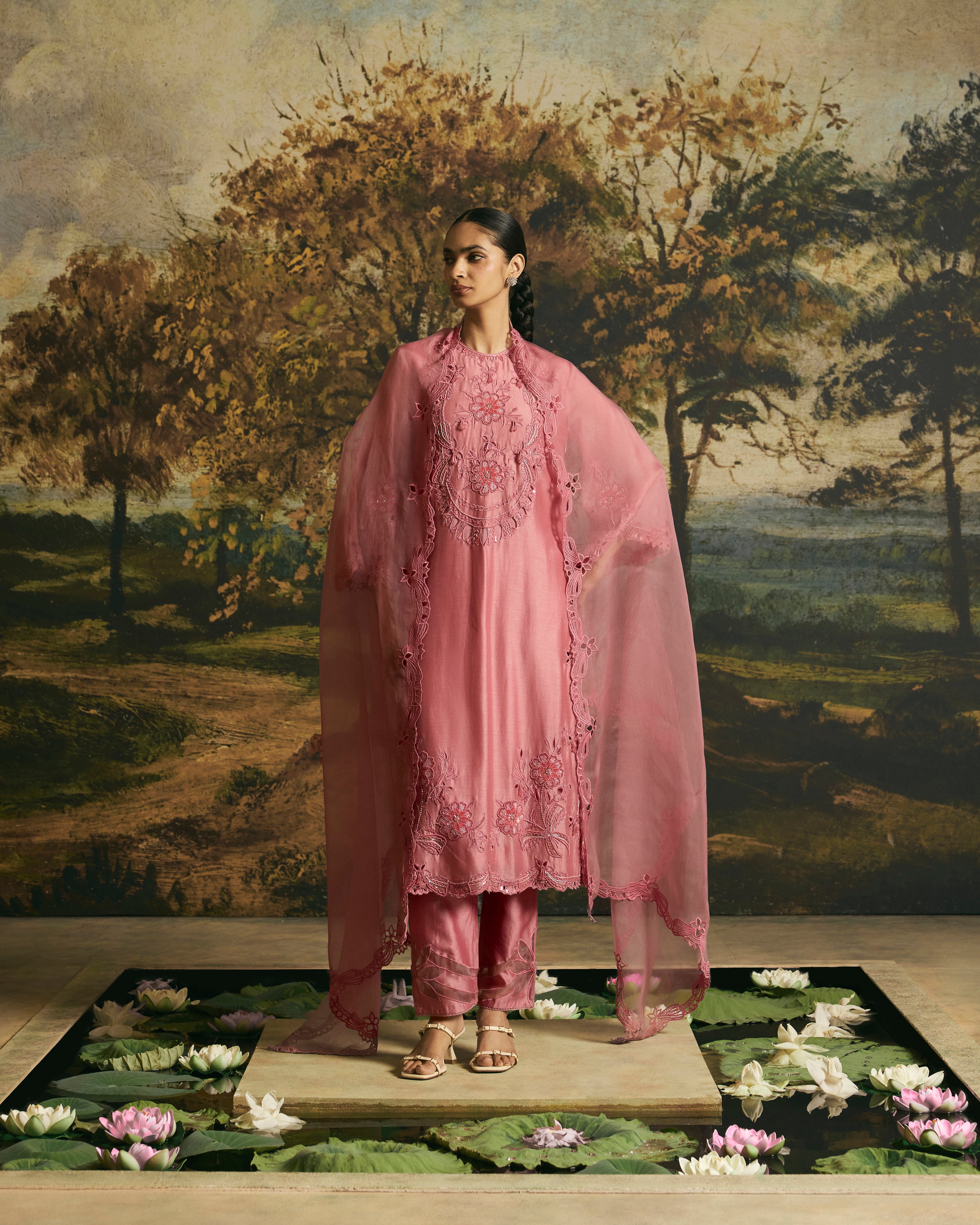 PINK CUTWORK AND BEADWORK KURTA WITH NARROW PANTS