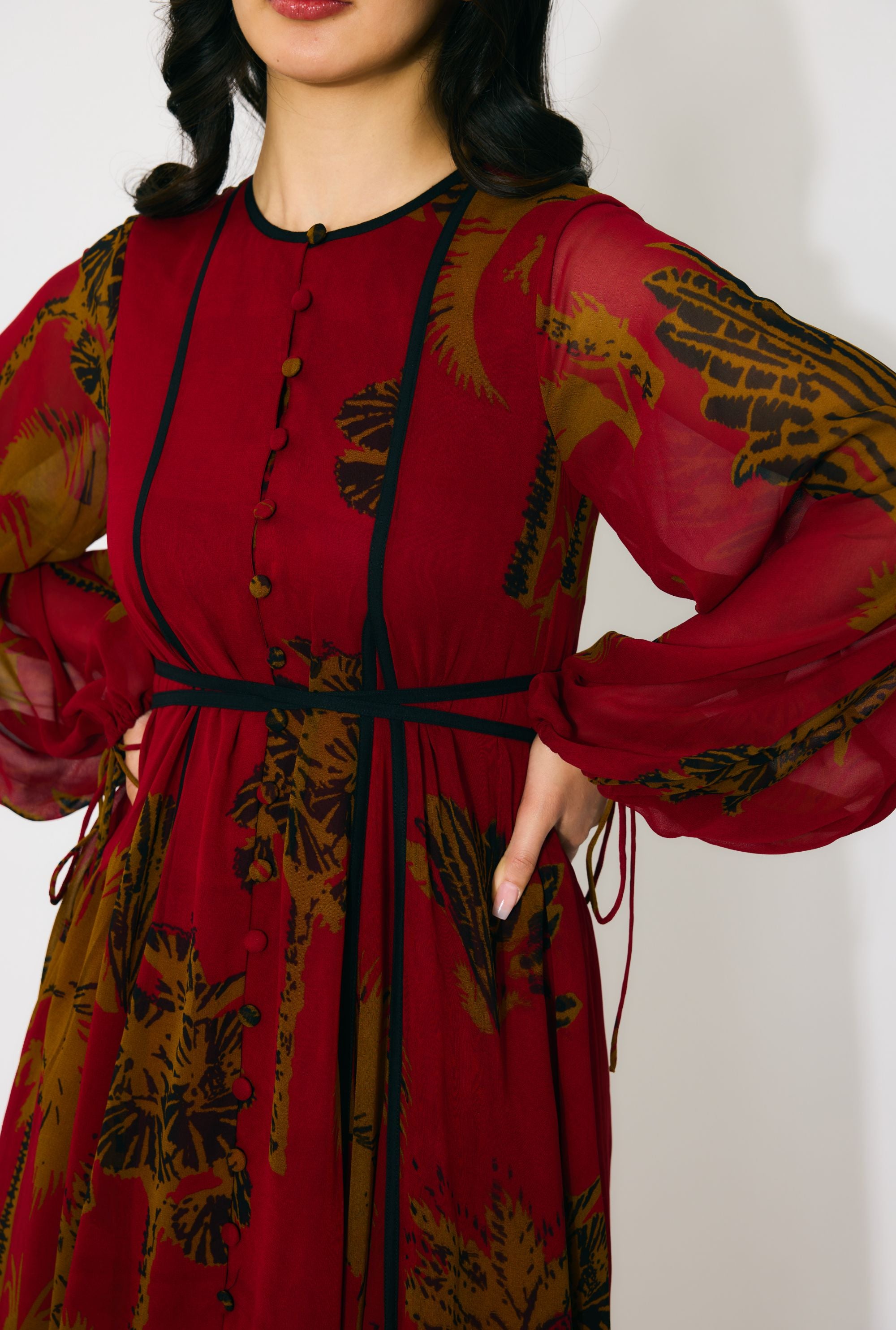RED, MUSTARD AND BLACK FLORAL LONG SHIRT DRESS