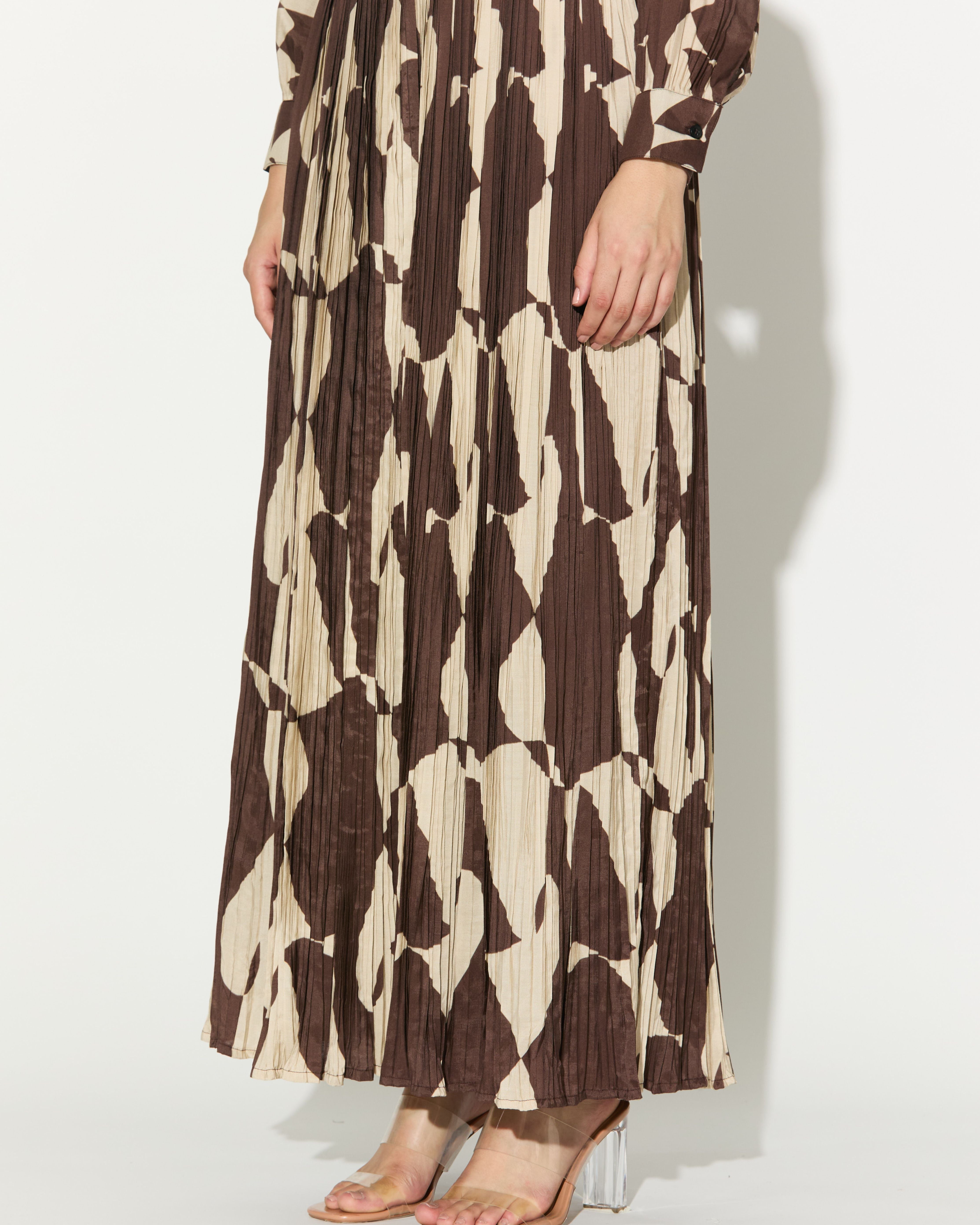 BROWN AND WHITE ABSTRACT CRINKLED SKIRT