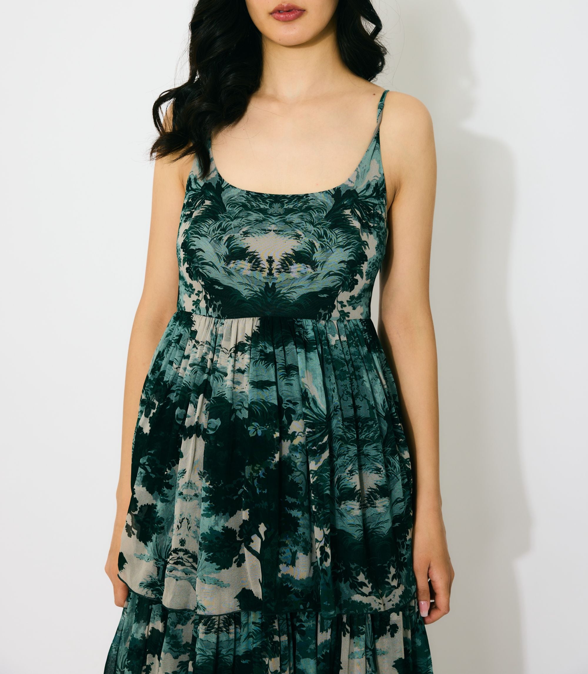 DARK GREEN, MINT AND BEIGE TOIL PRINT LONG DRESS