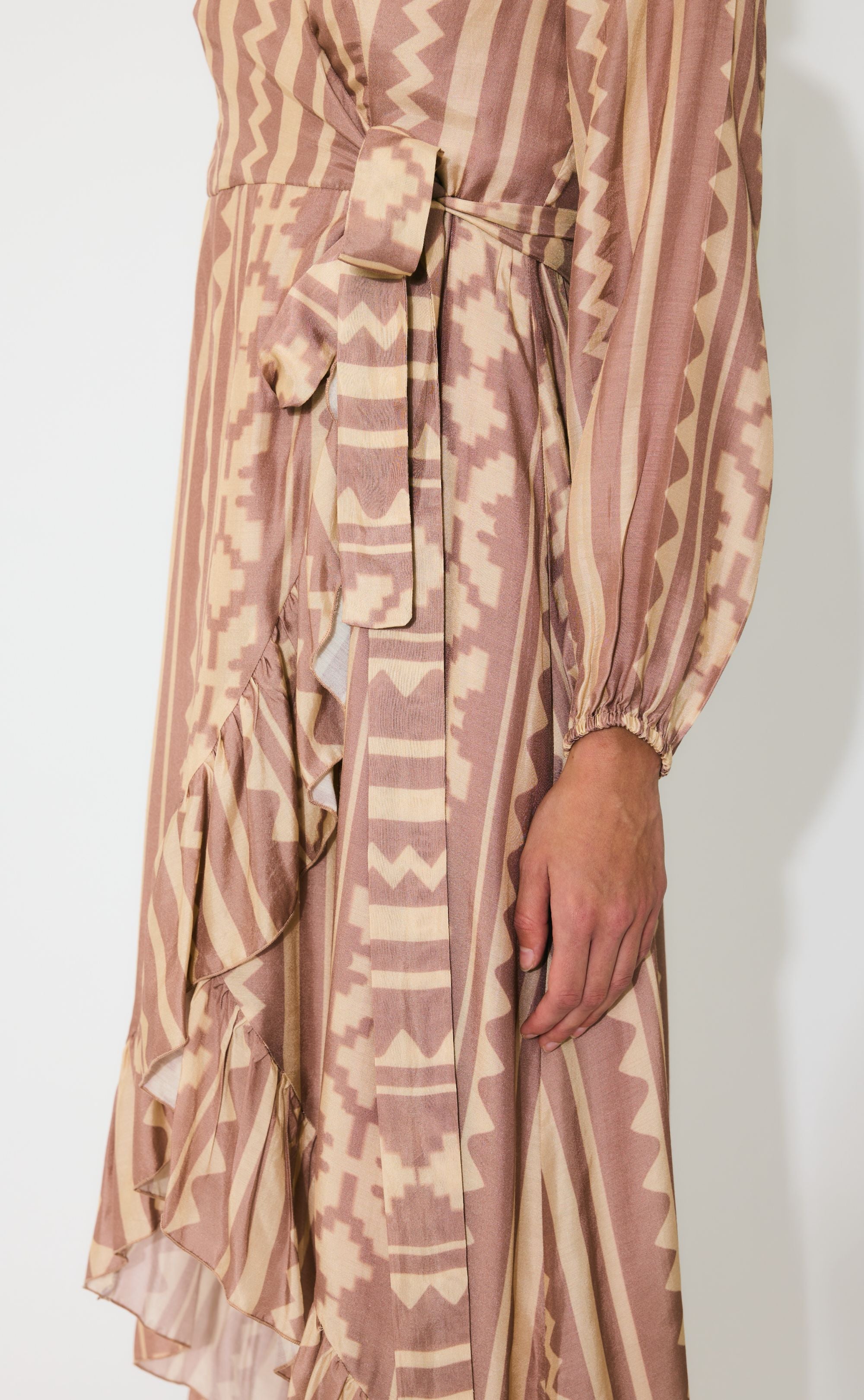 PEACH AND CREAM PATTERN WRAP DRESS