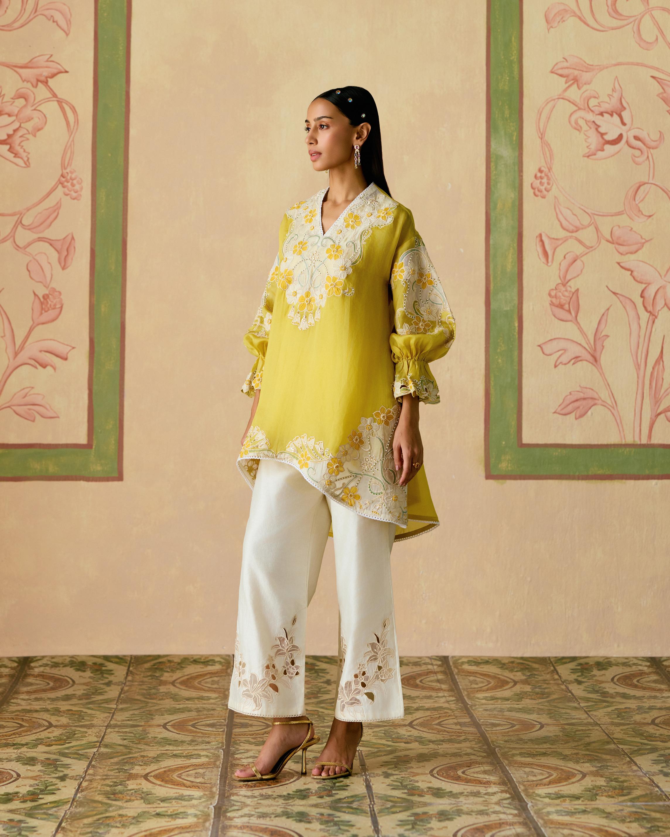 YELLOW AND IVORY COLOR BLOCK TUNIC WITH SHEER APPLIQUE PANTS