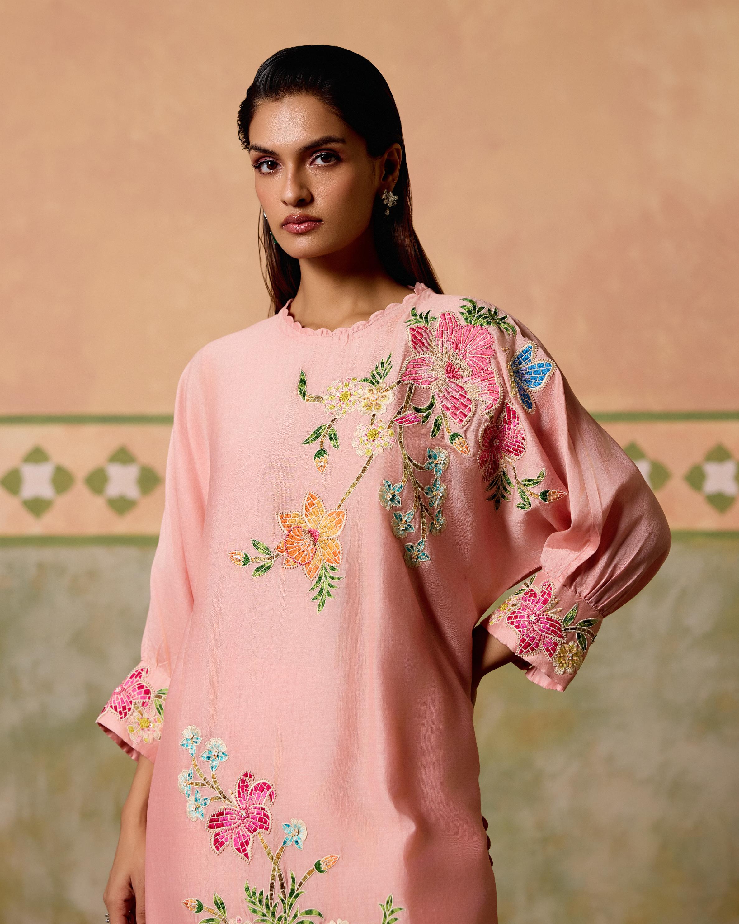 ROSE PINK MOSAIC FLORALS KIMONO KURTA WITH SHEER DETAIL PANTS