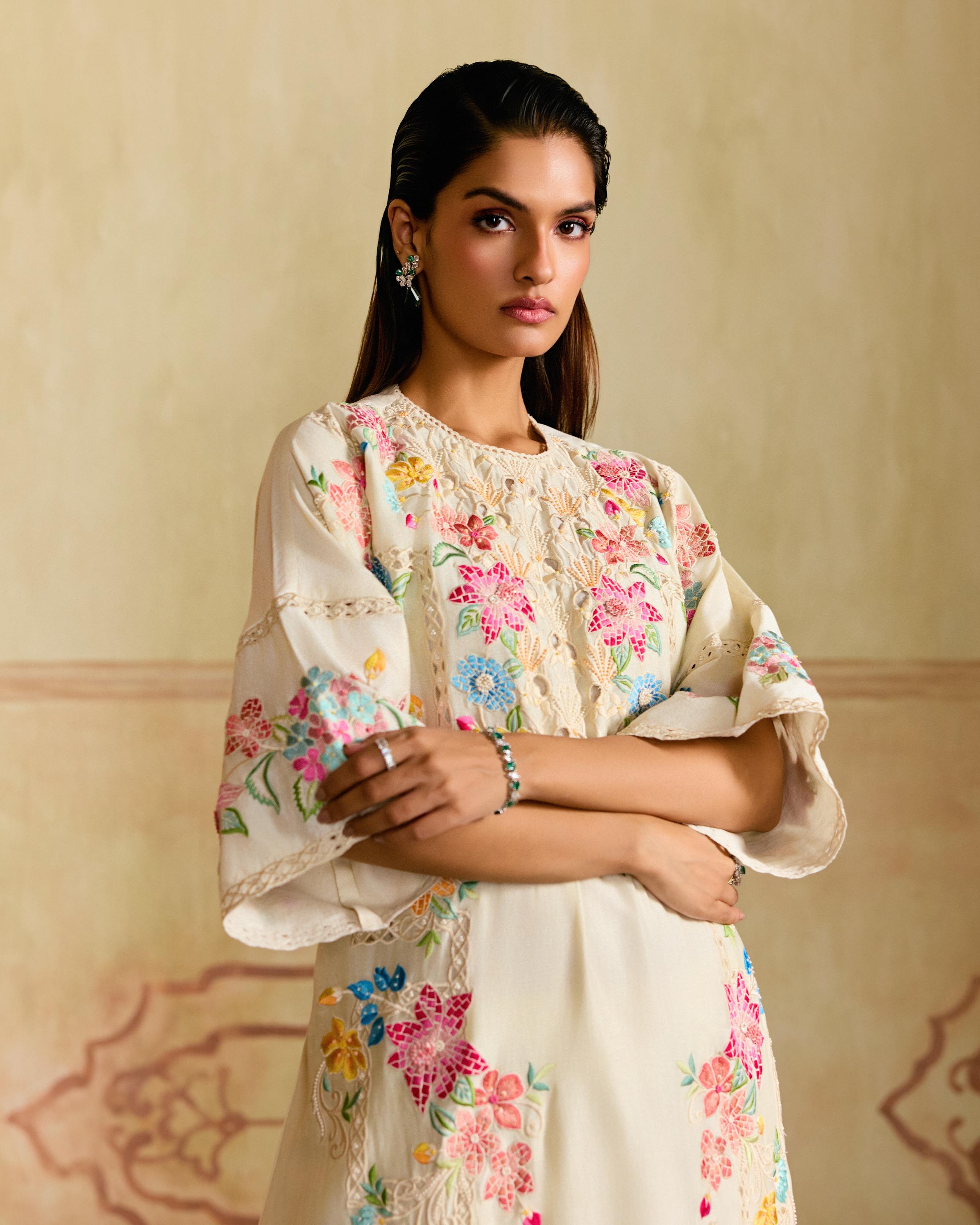 IVORY MOSAIC FLORALS FLARED KURTA WITH SHEER APPLIQUE PANTS