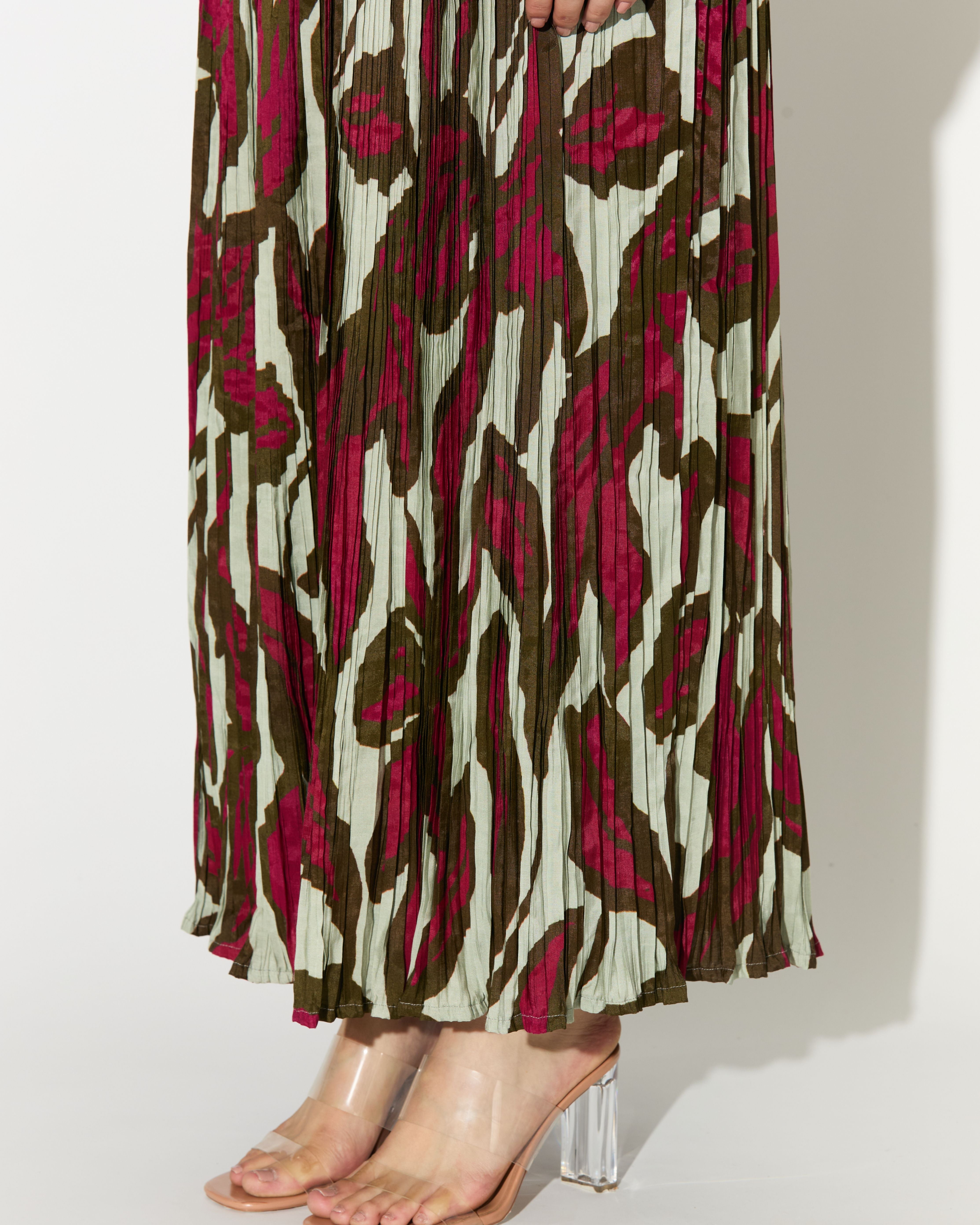 BEIGE, PINK AND GREEN FLORAL CRNKLED SKIRT