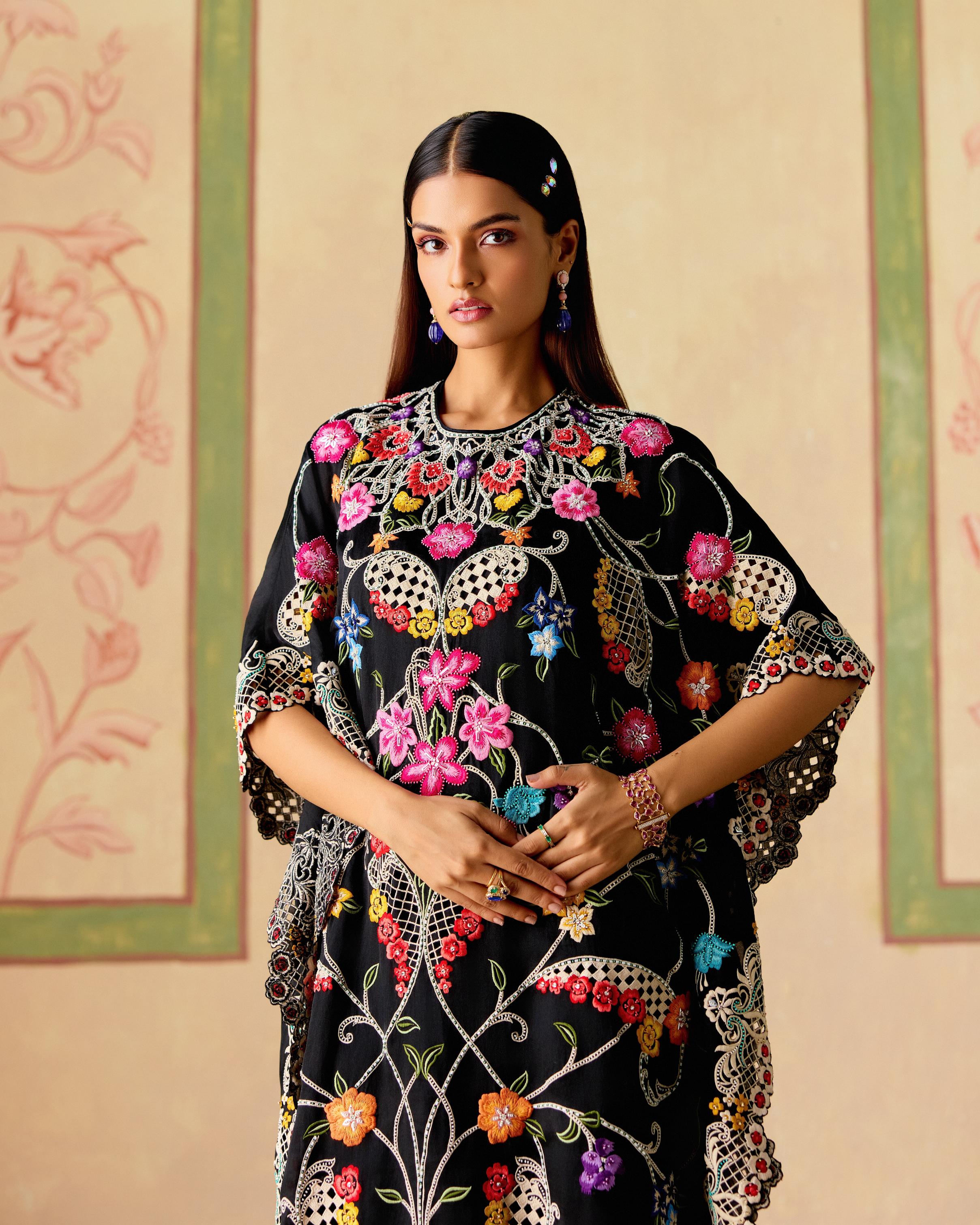 BLACK FLORAL THREADWORK AND BEADWORK KAFTAN