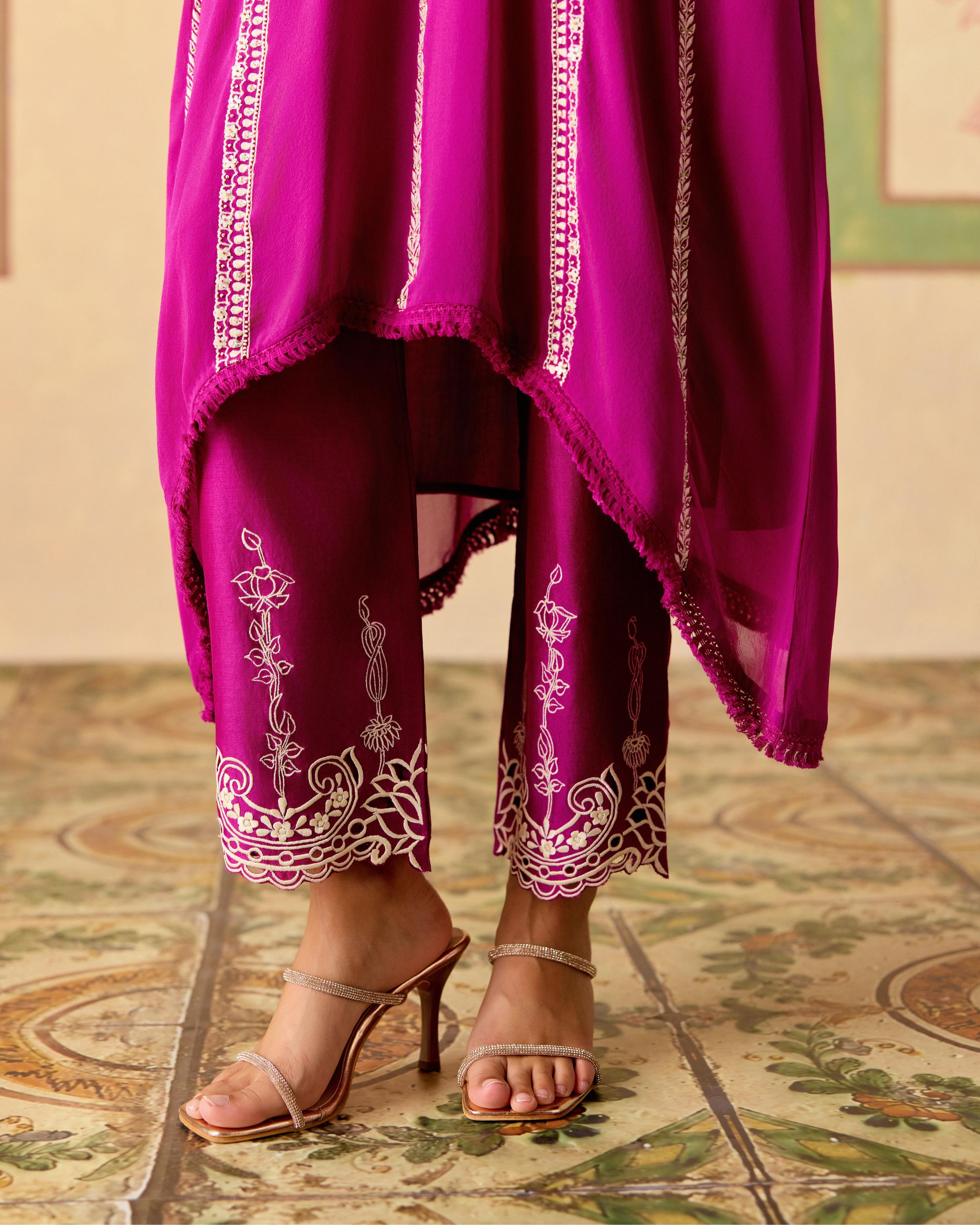 PURPLE CONTRAST EMBROIDERED KIMONO KURTA WITH NARROW PANTS
