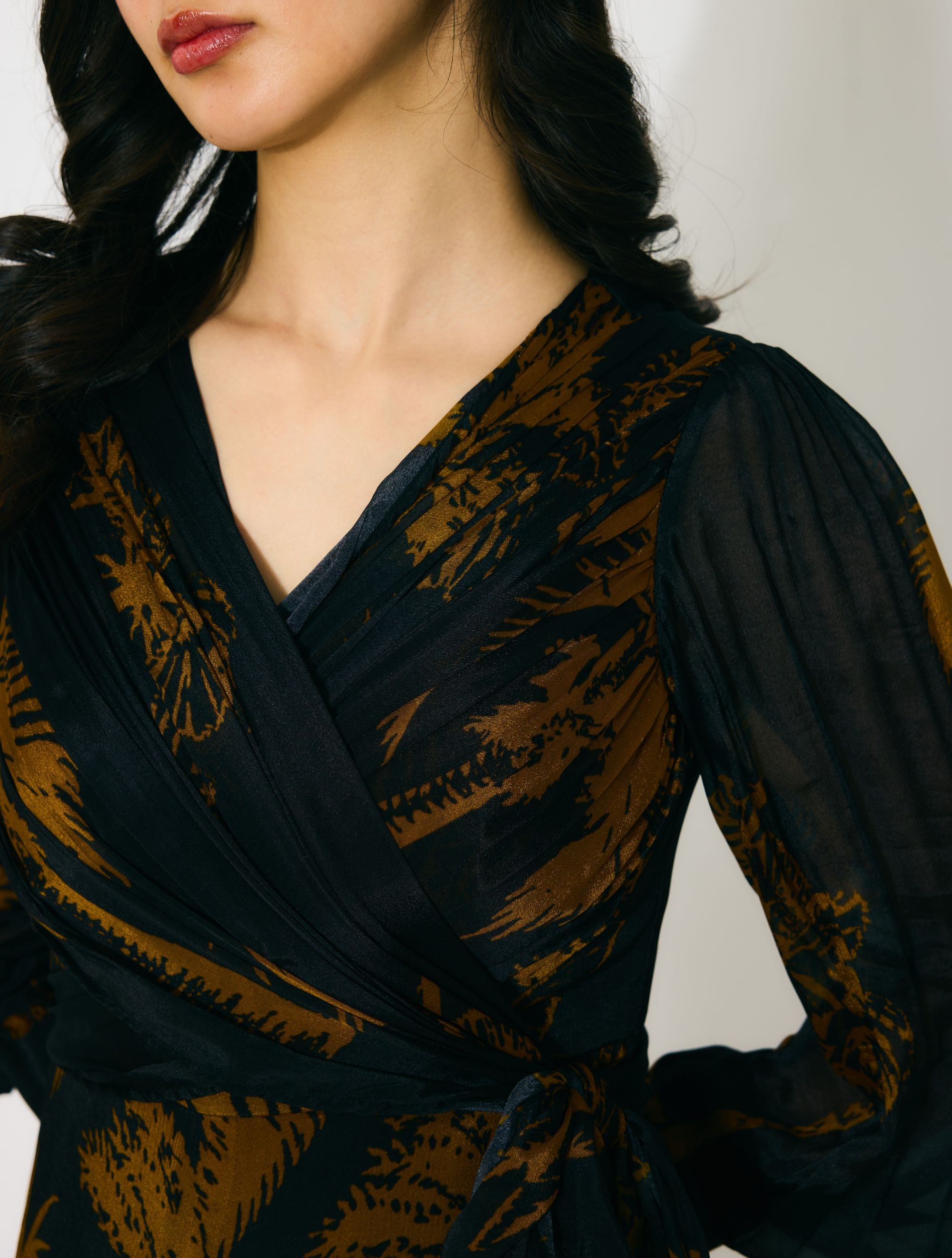 BLACK AND GOLD FLORAL WRAP JUMPSUIT