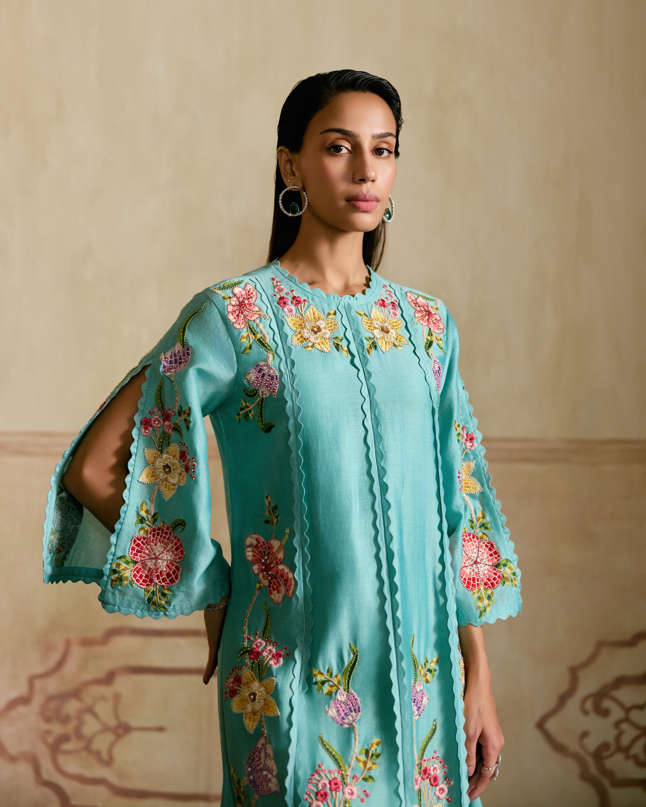 AQUA MOSAIC FLORAL VINES KURTA WITH SHEER DETAIL PANTS