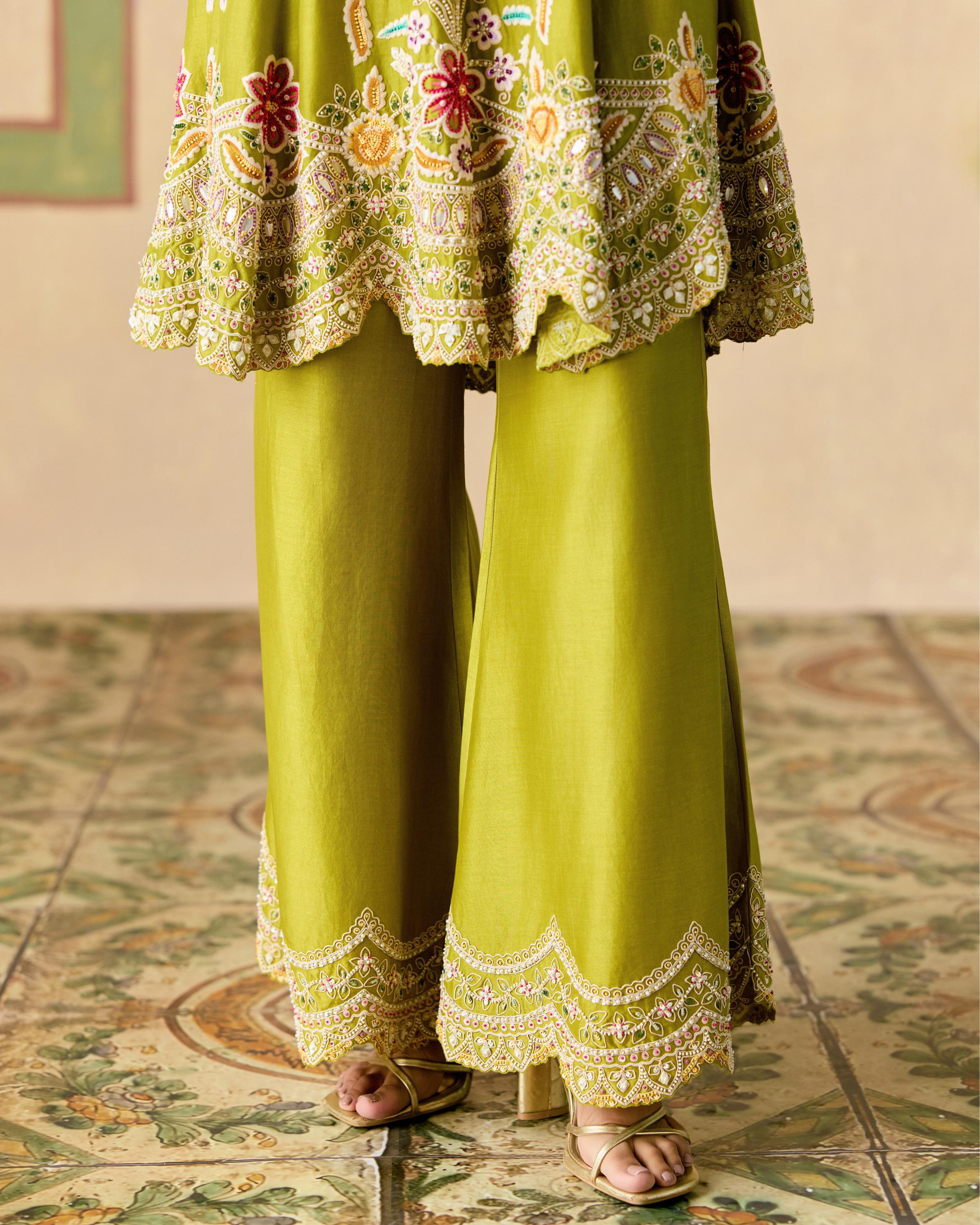 OLIVE CONTRAST CORDWORK FLARED SHORT KURTA WITH BELL BOTTOM PANTS