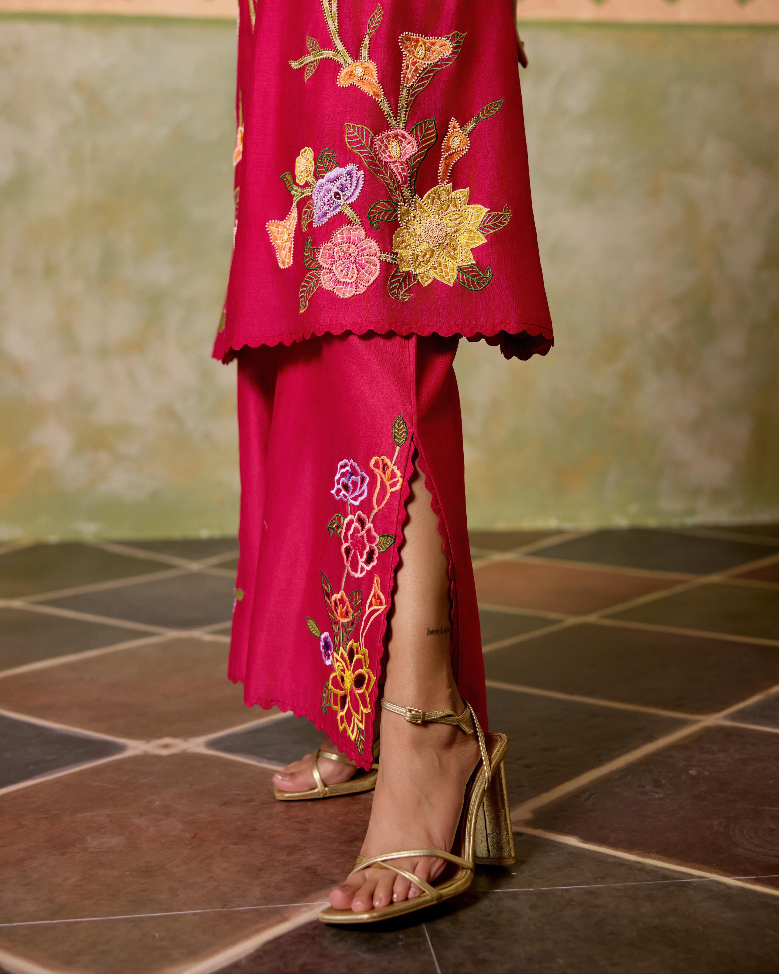 FUCHSIA MOSAIC FLORALS SHORT KURTA WITH CUTWORK FLARED PANTS