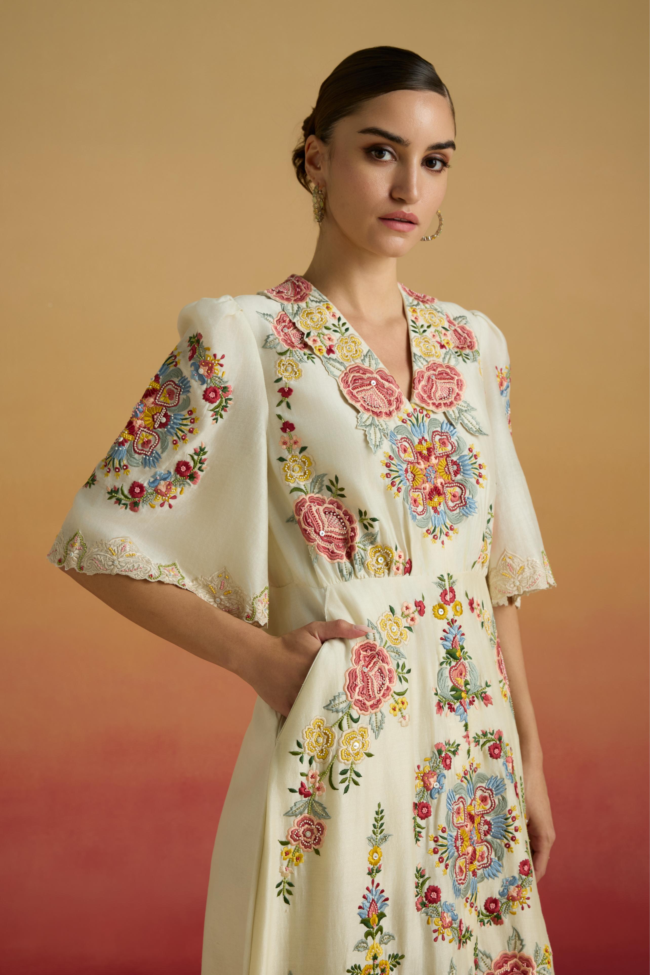 IVORY FLORAL THREADWORK SHIRT DRESS