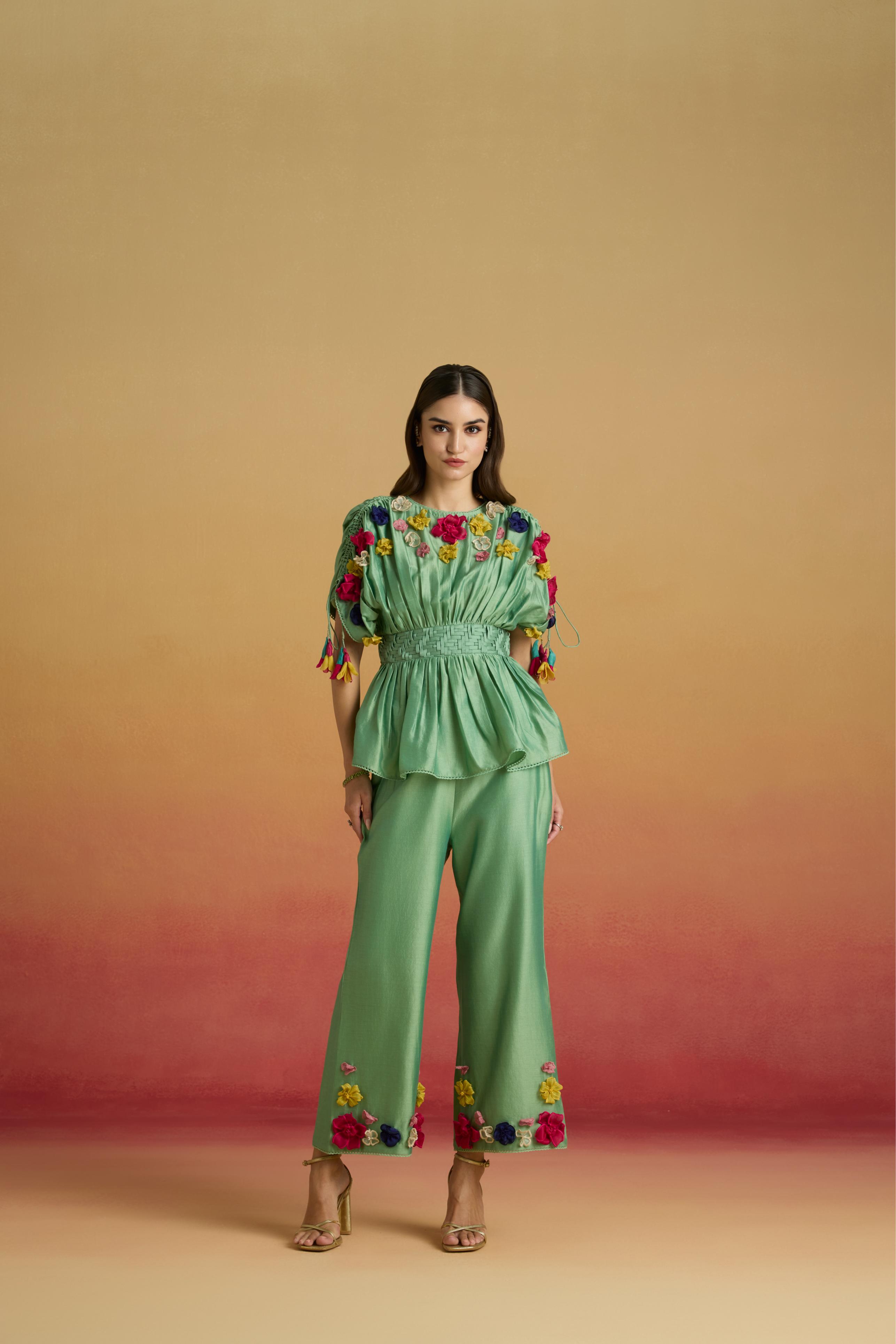 SAGE GREEN 3D FLORAL APPLIQUE TOP