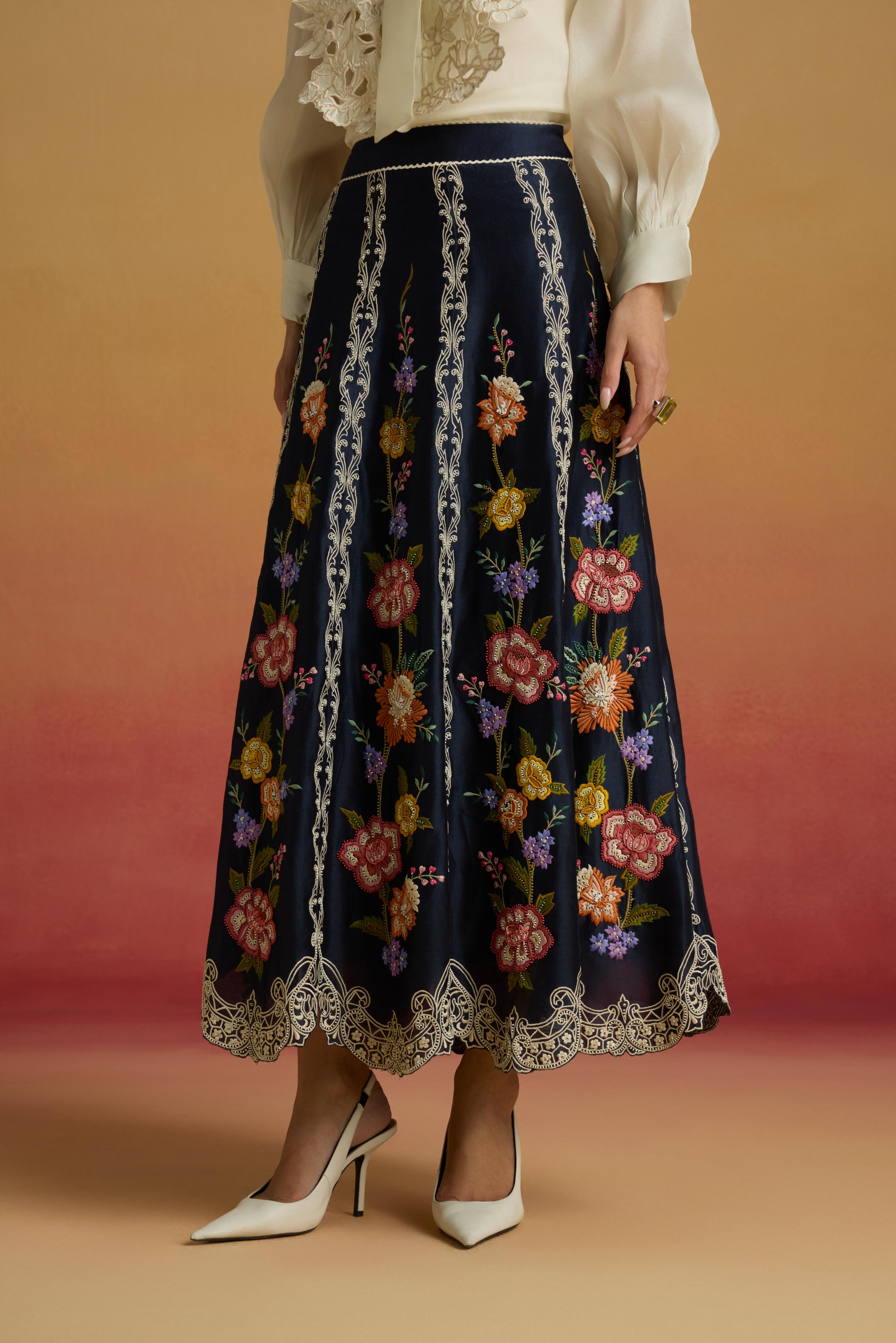 INDIGO FLORAL PANELLED SKIRT