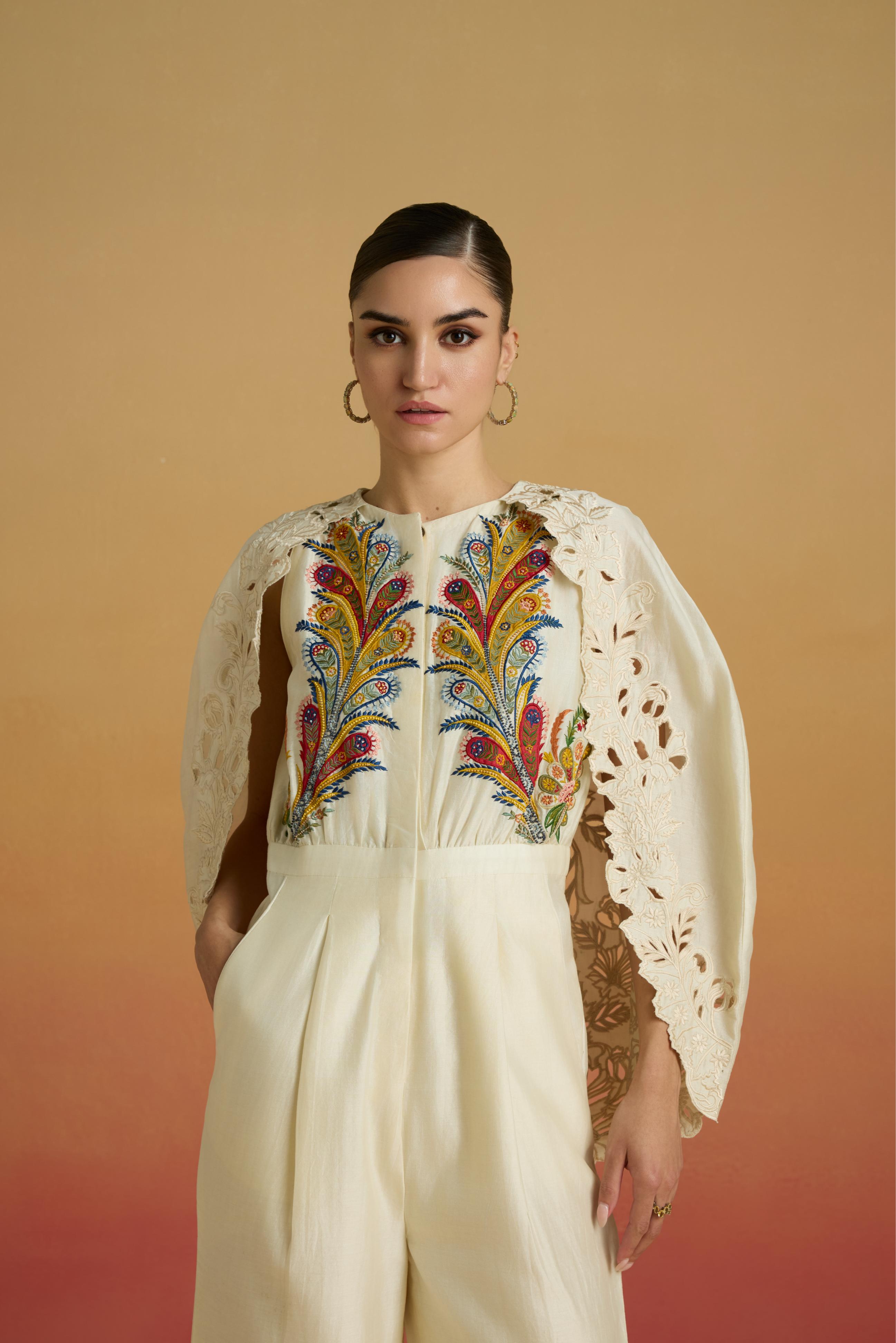 IVORY EMBROIDERED CAPE JUMPSUIT