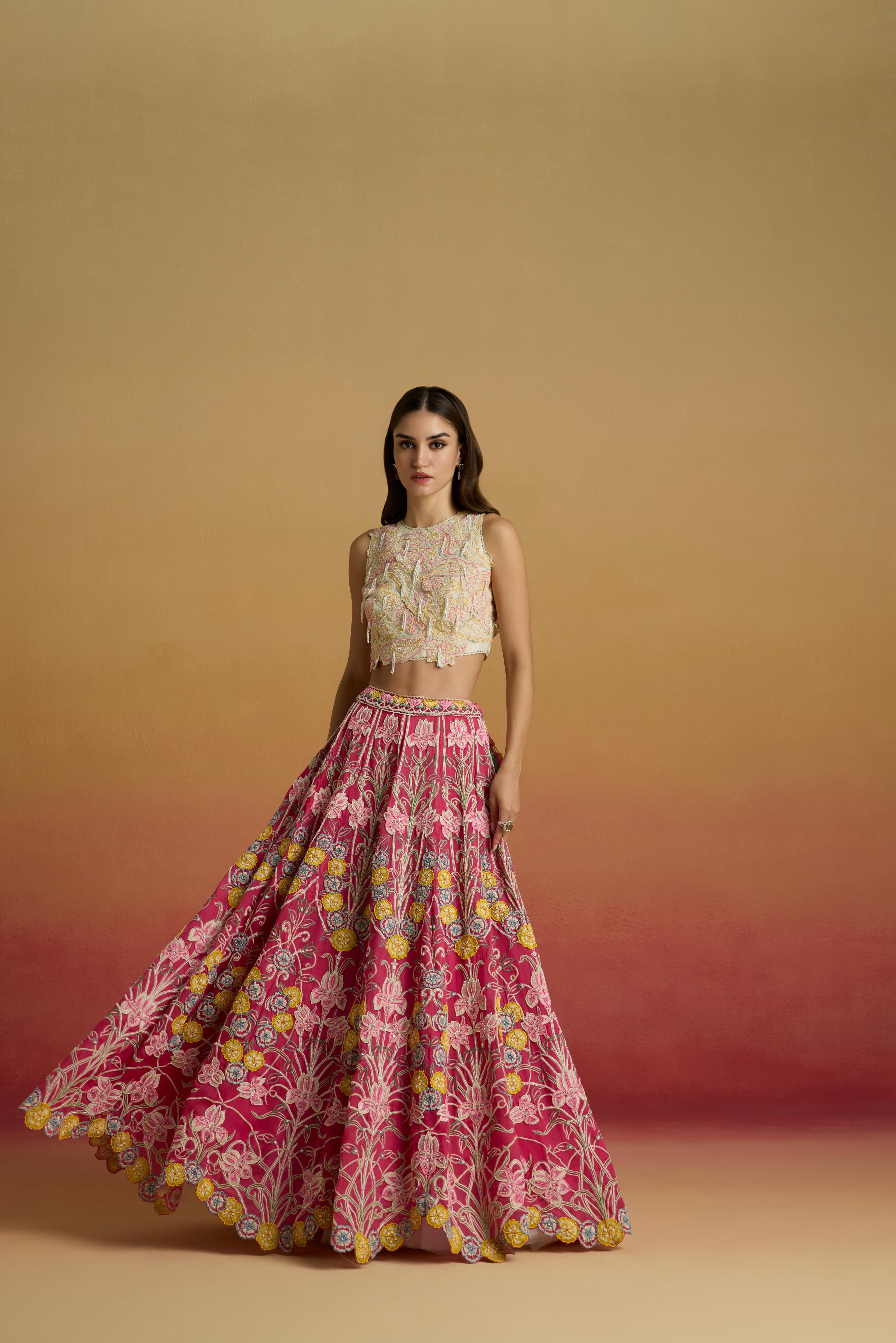 Elegant Ivory Paisley Chanderi Crop Top with Hand Applique Beadwork