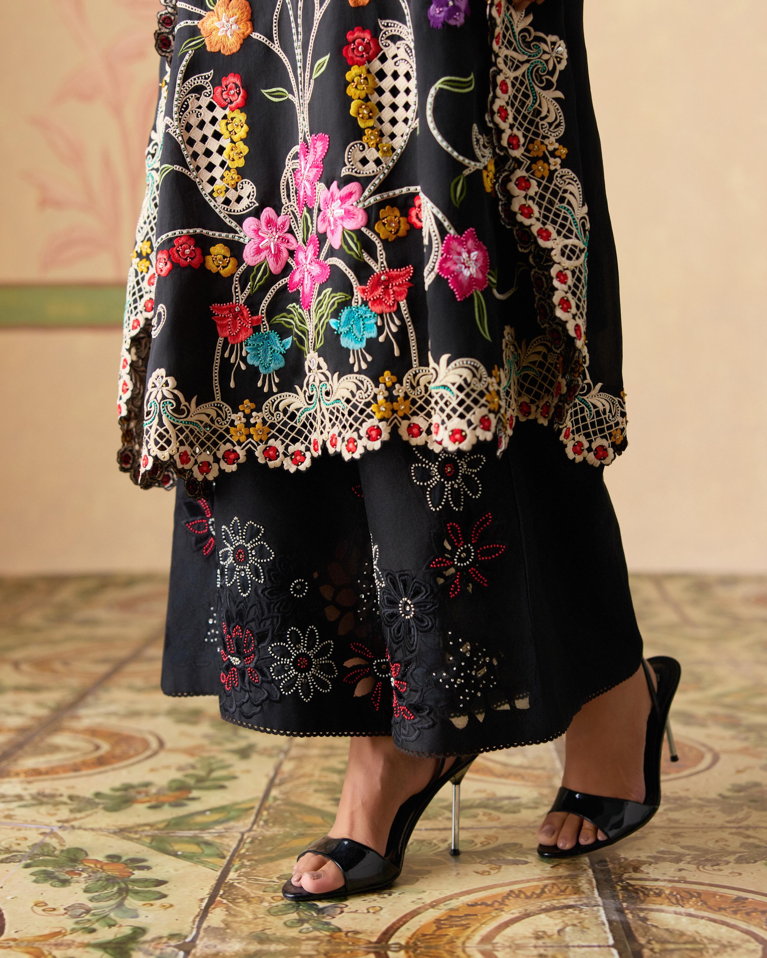 BLACK SHEER APPLIQUE AND BEADWORK PANTS