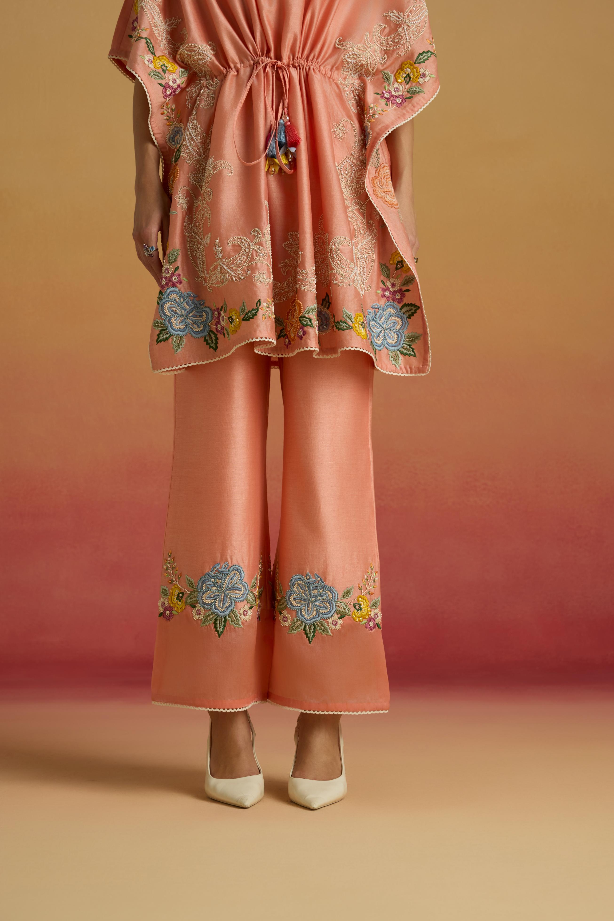 APRICOT FLORAL SHEER DETAIL PANTS