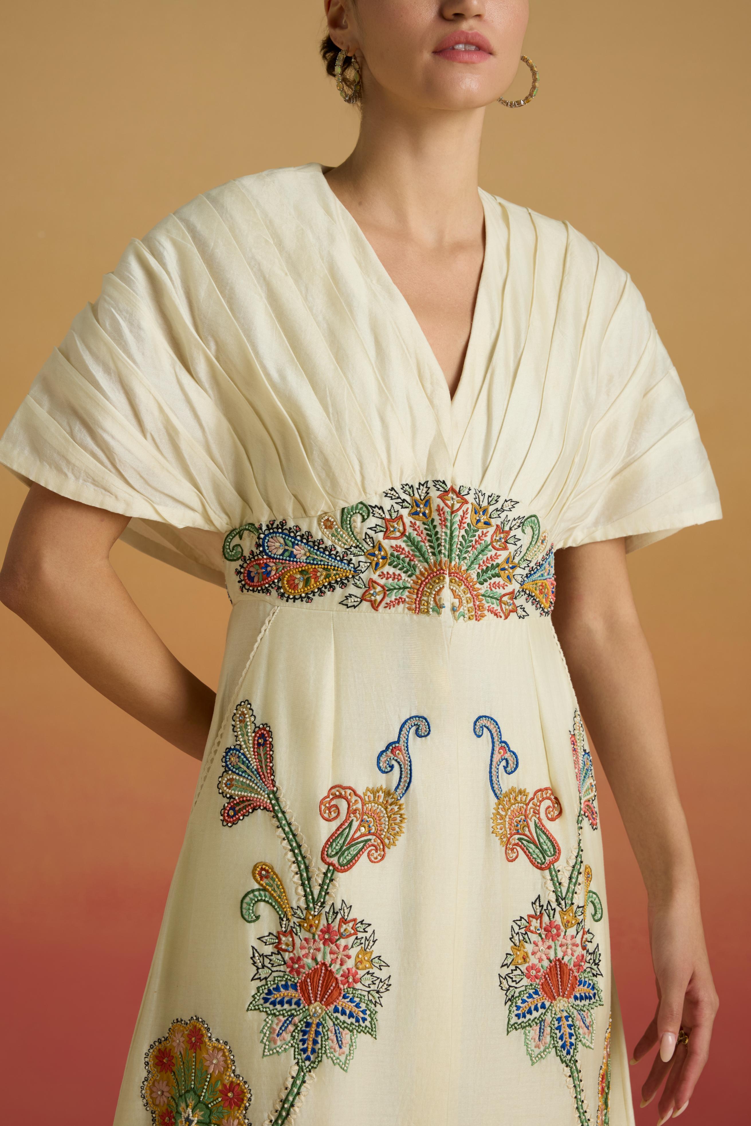 IVORY PLEATED MIDI DRESS