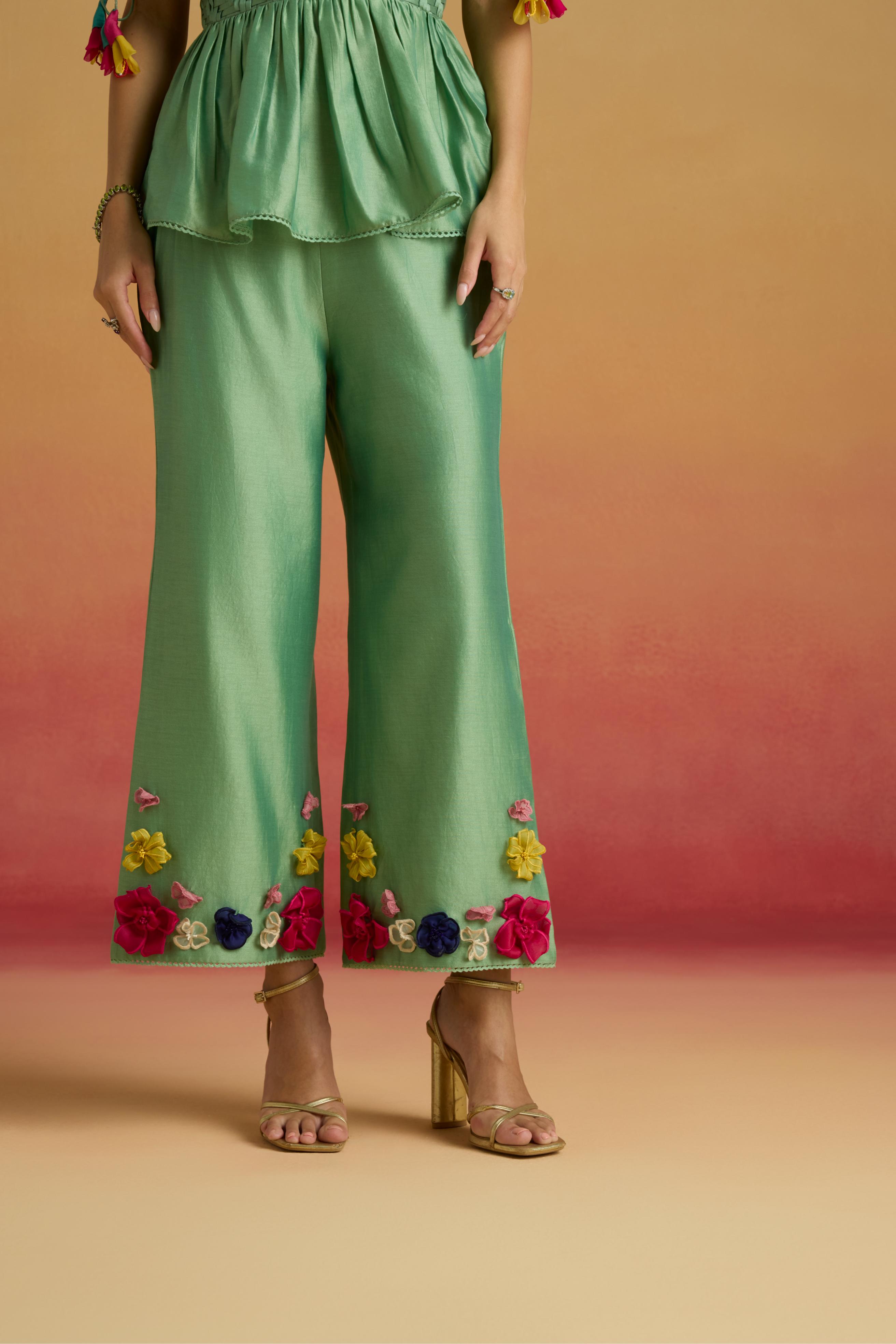 SAGE GREEN 3D FLORAL APPLIQUE PANTS