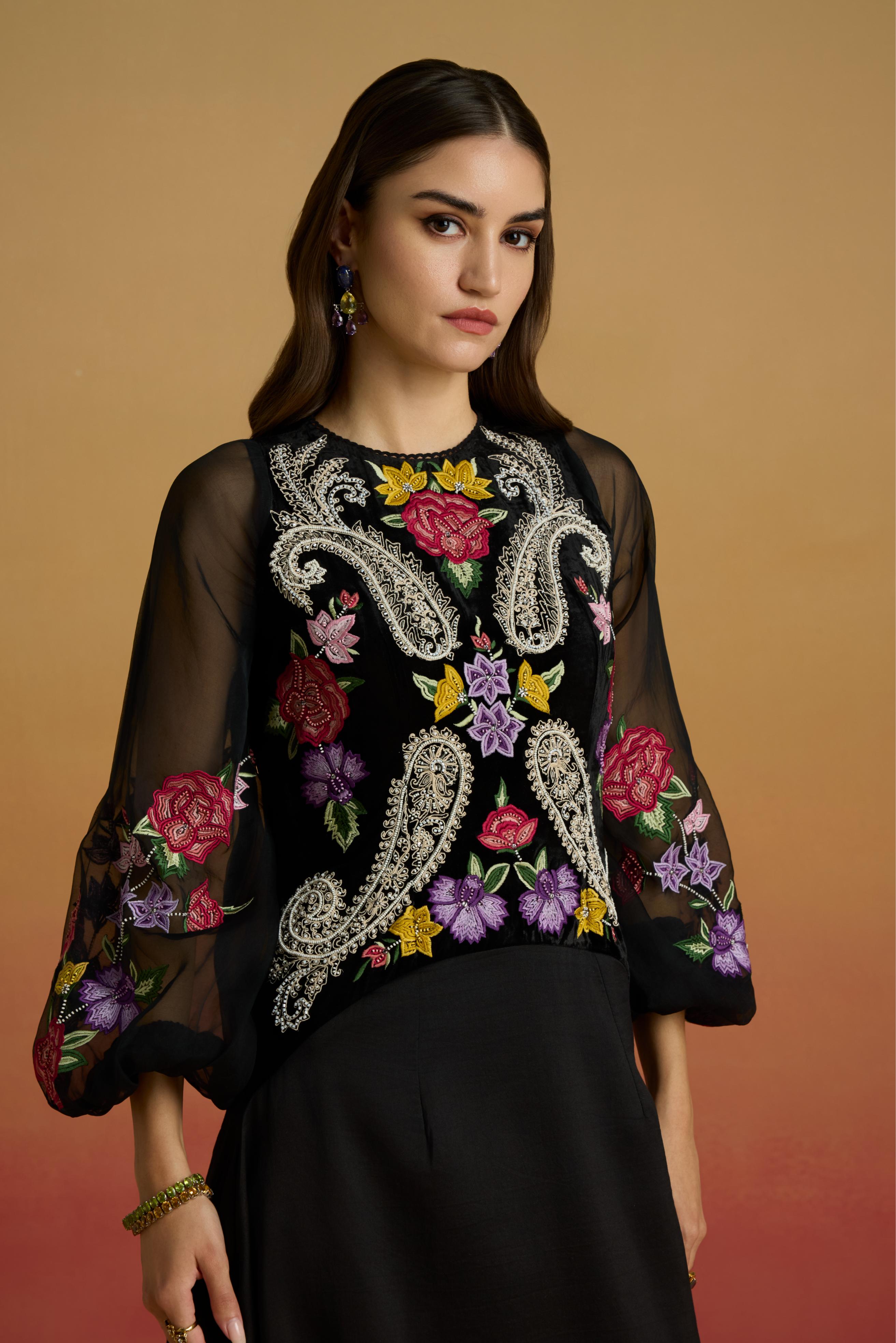 BLACK CONTRAST PAISLEY FLOUNCE DRESS