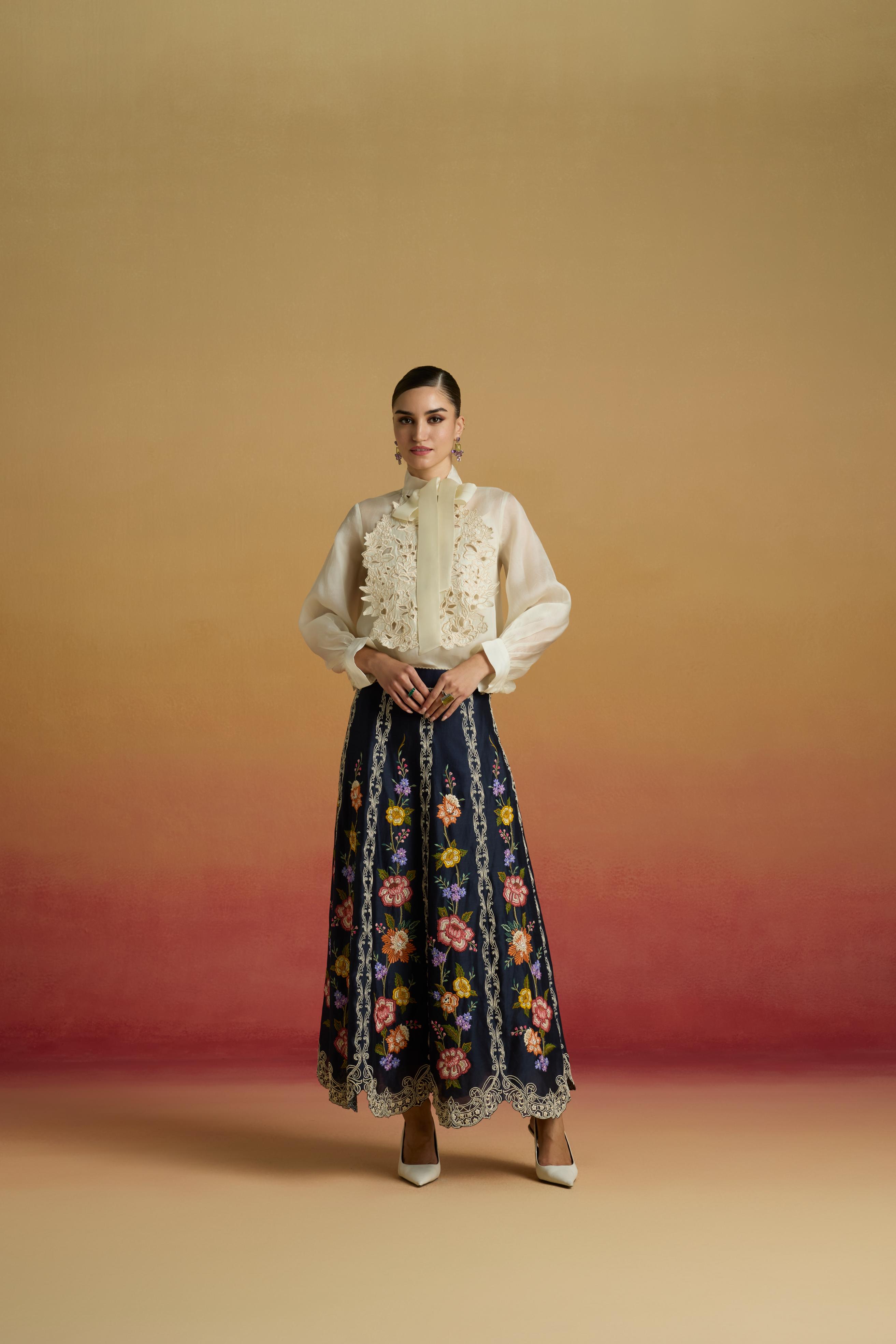 IVORY CUTWORK BIB LAYERED SHIRT