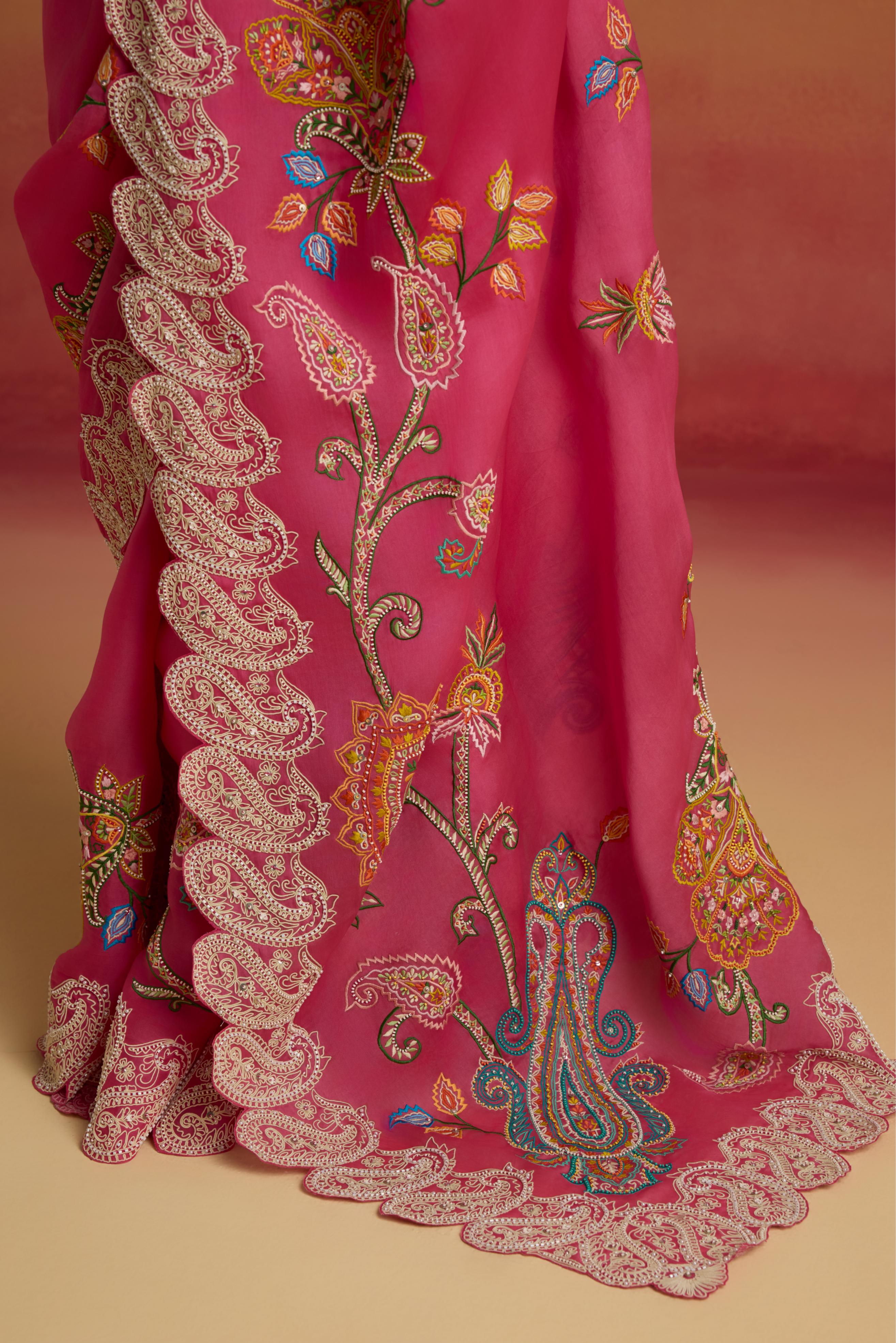 HOT PINK CONTRAST CORDWORK SAREE