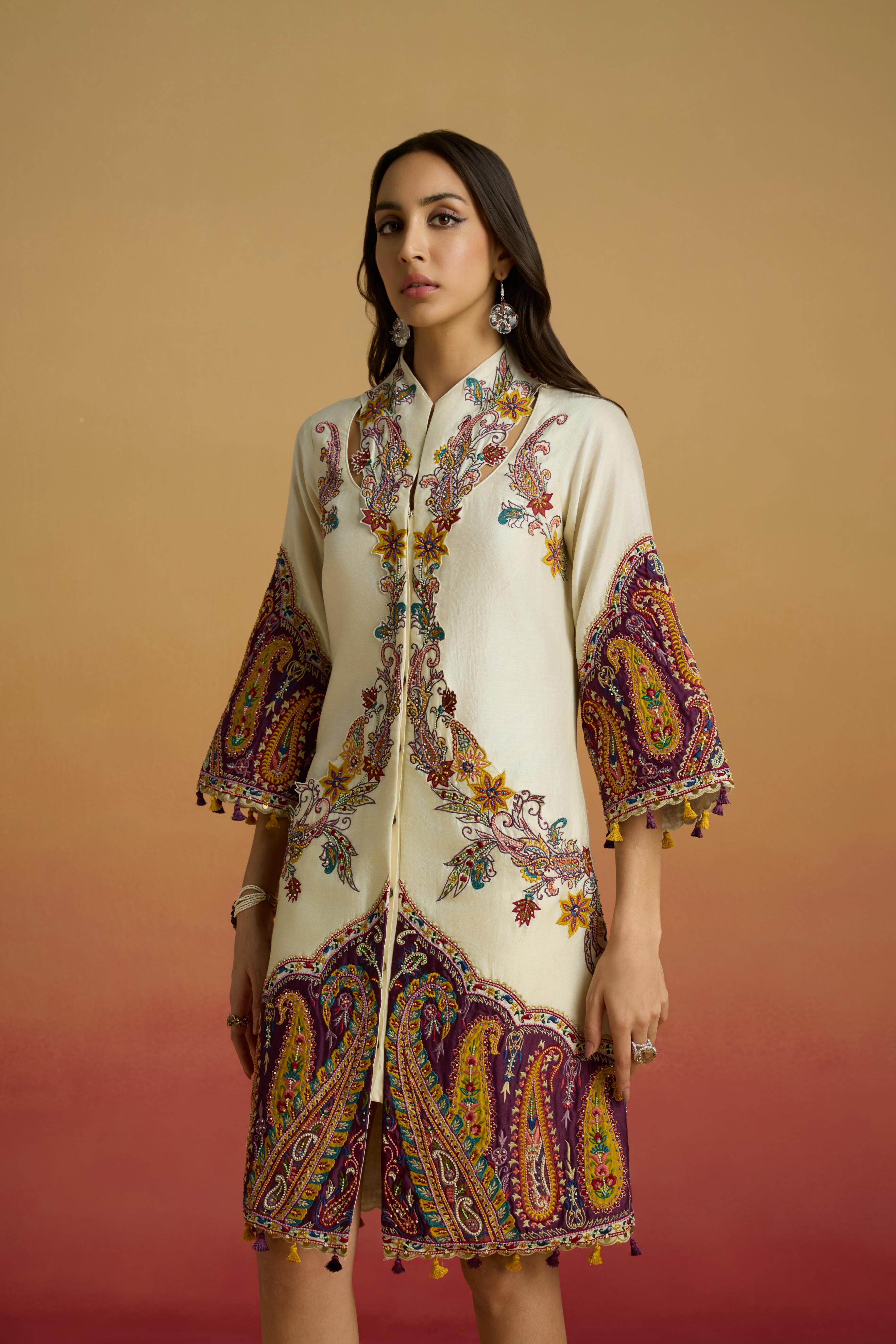 IVORY AND PLUM COLOURBLOCK PAISLEY DRESS