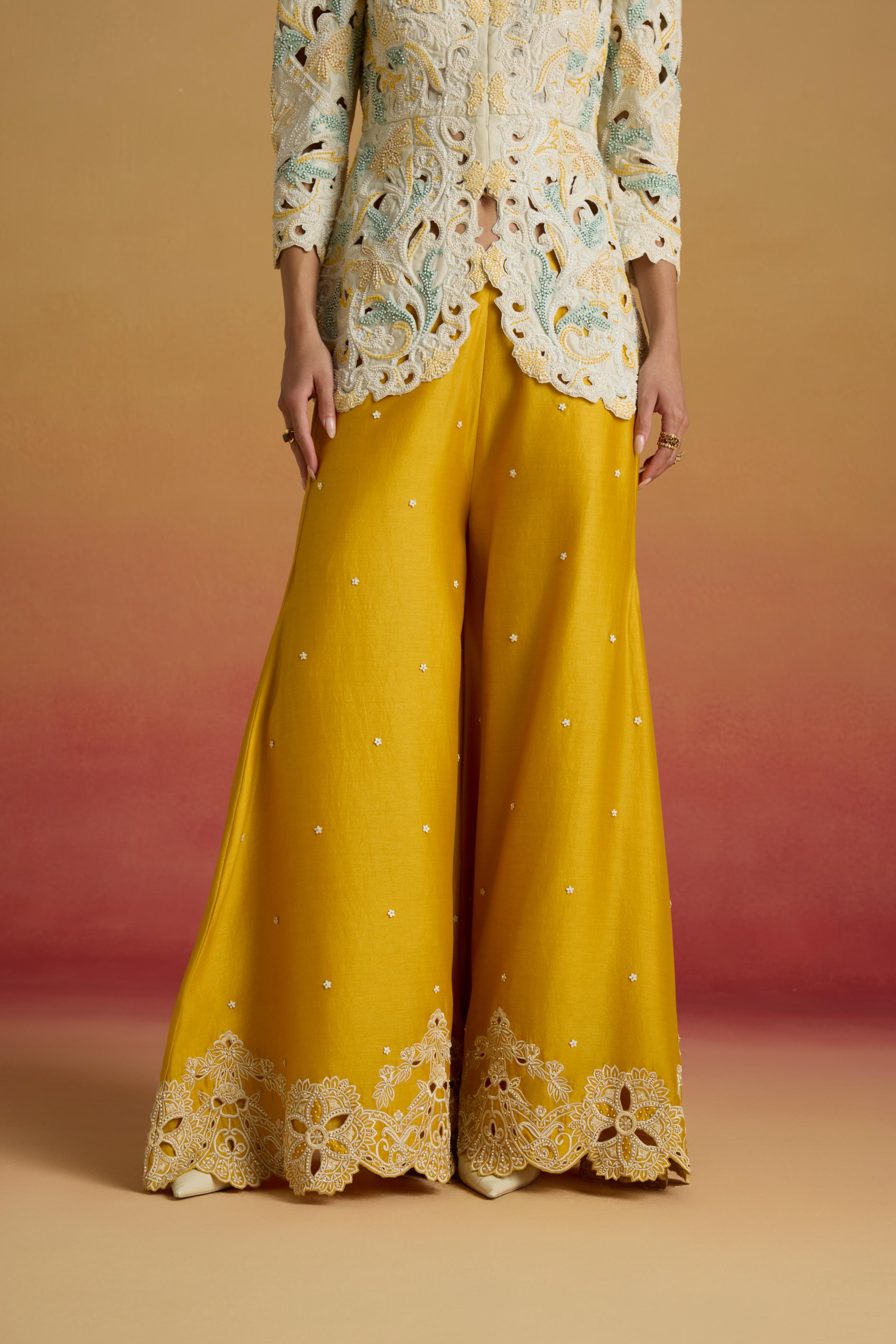 YELLOW CONTRAST CUTWORK SHARARA