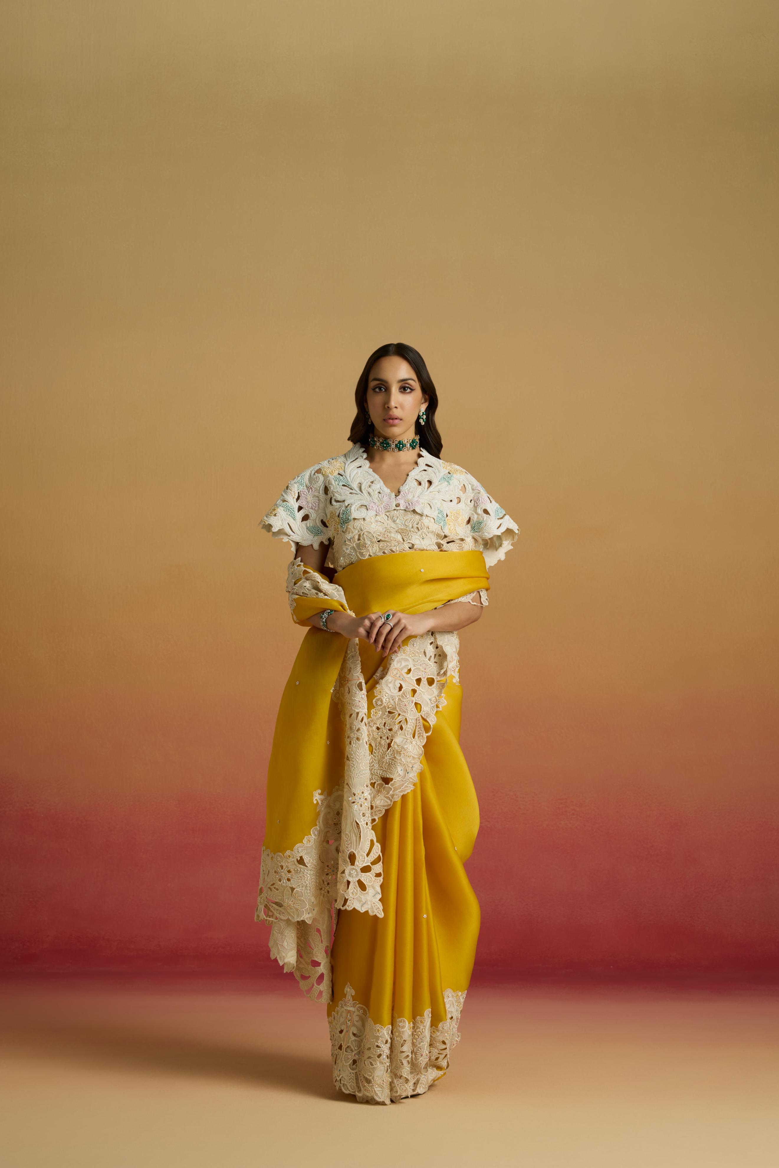 YELLOW CONTRAST CUTWORK SAREE