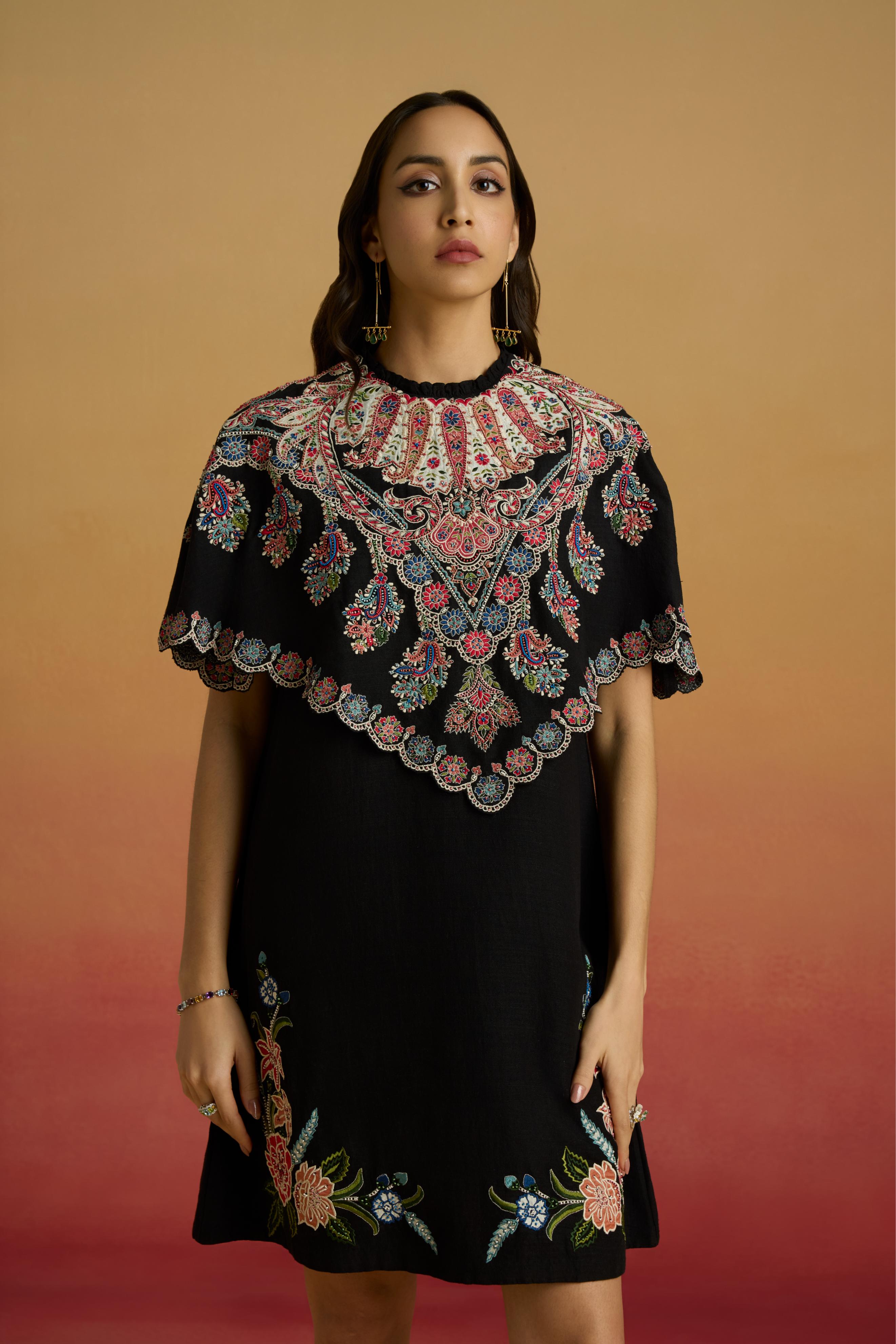 BLACK APPLIQUE CAPE SHORT DRESS