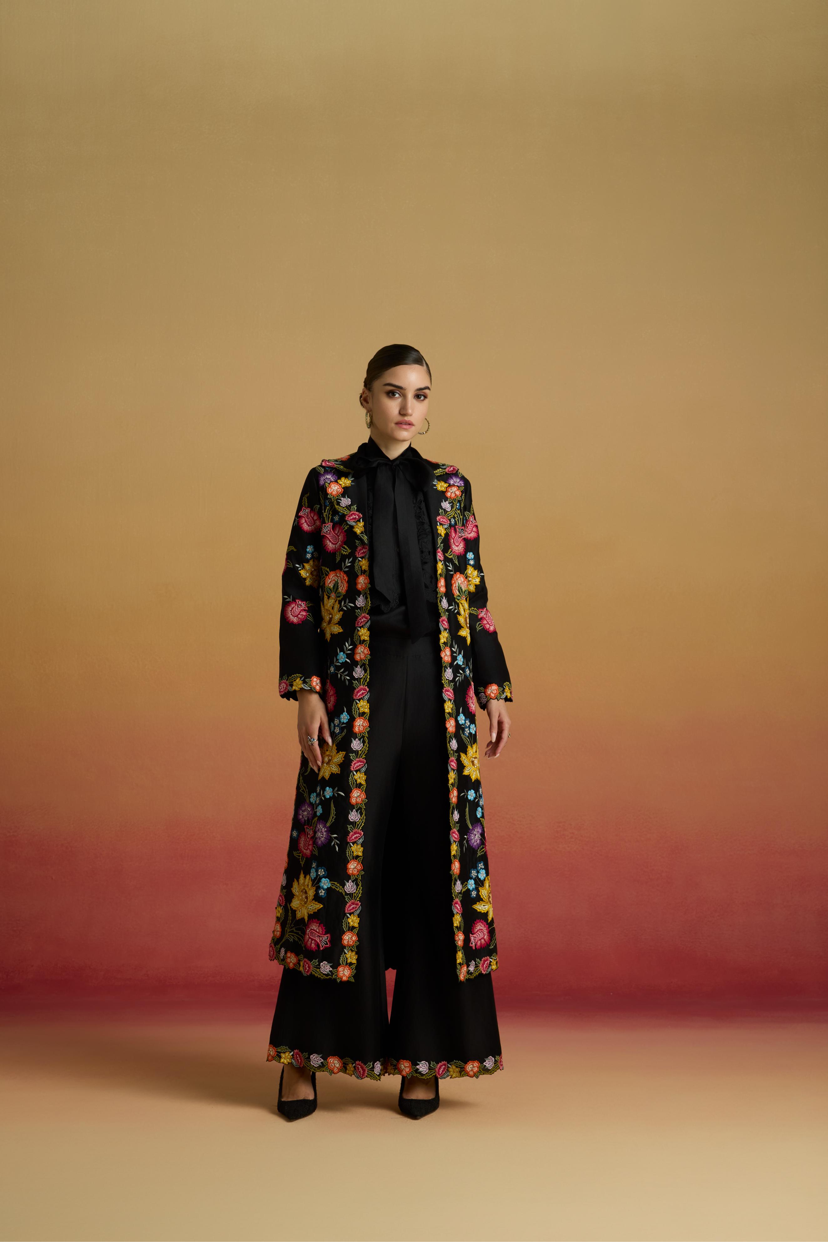 BLACK FLORAL THREADWORK LONG JACKET
