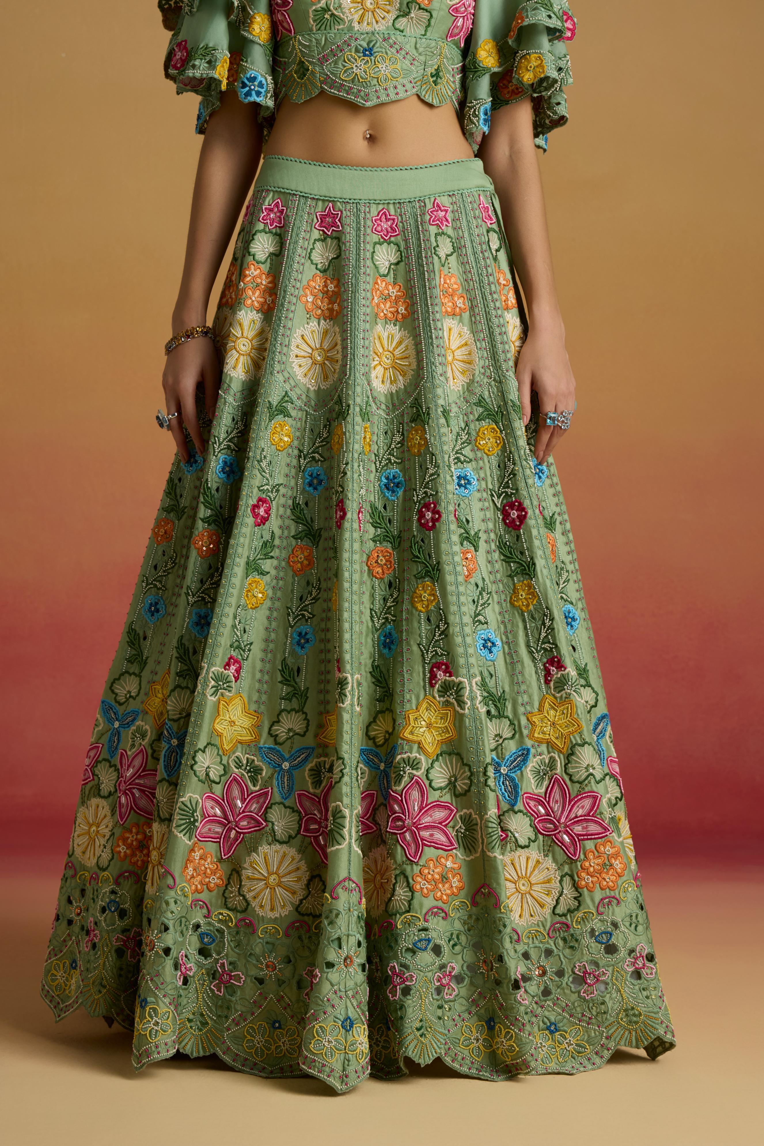 SAGE GREEN MULTICOLOUR FLORAL LEHENGA