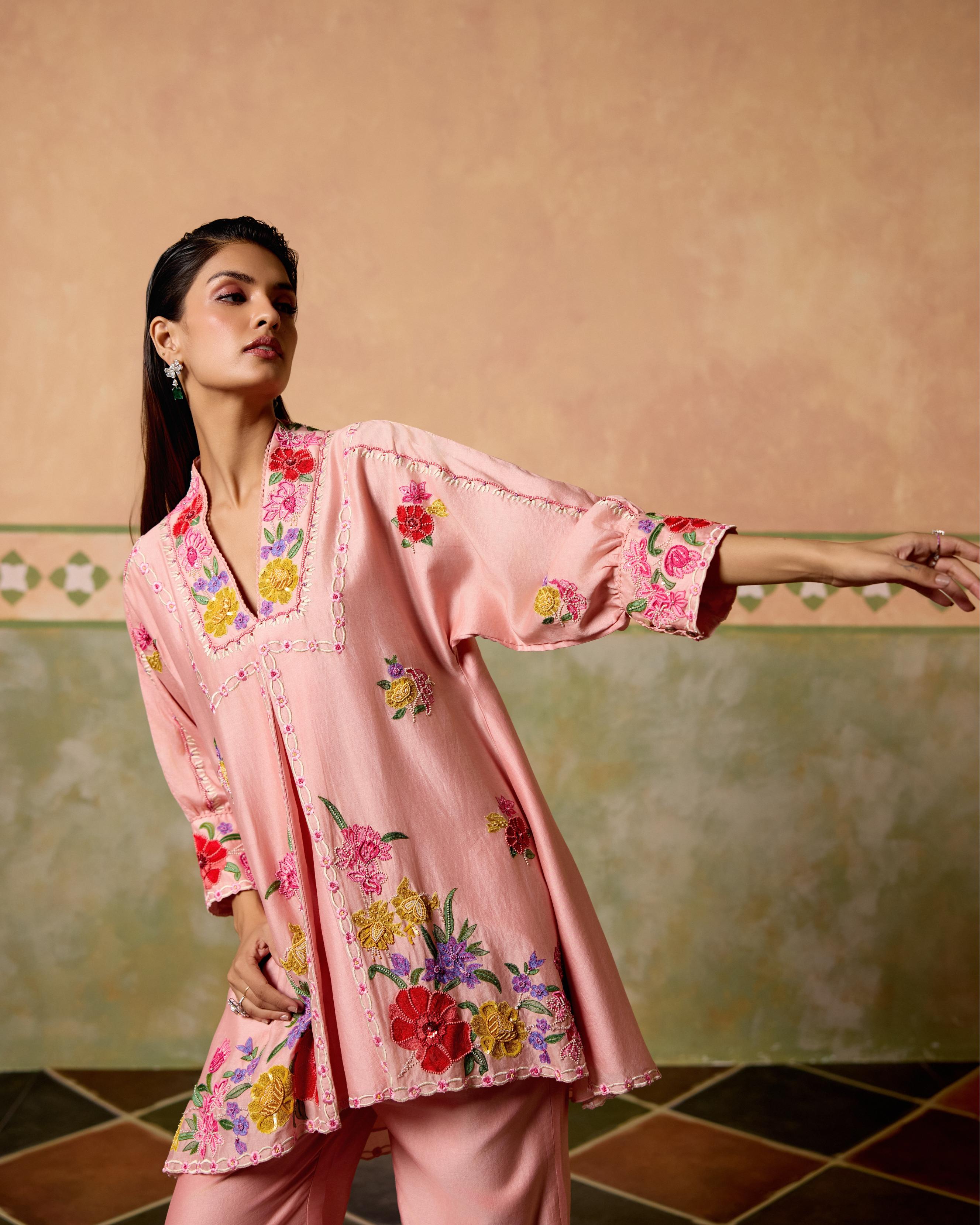 ROSE PINK THREADWORK AND BEADWORK TUNIC WITH SHEER DETAIL PANTS