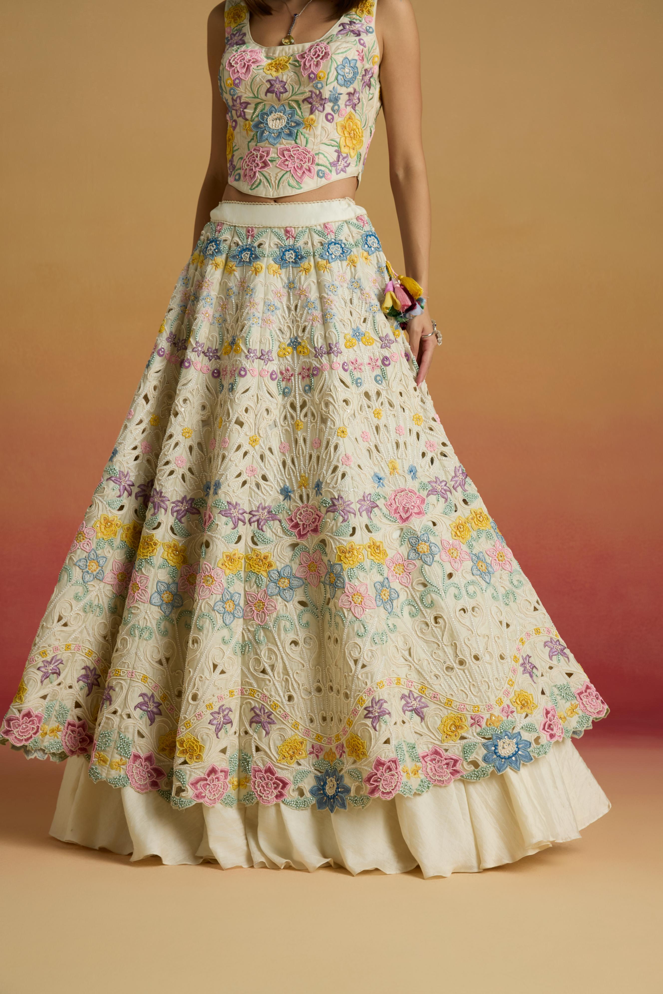 IVORY PASTEL FLORAL CORDWORK LEHENGA