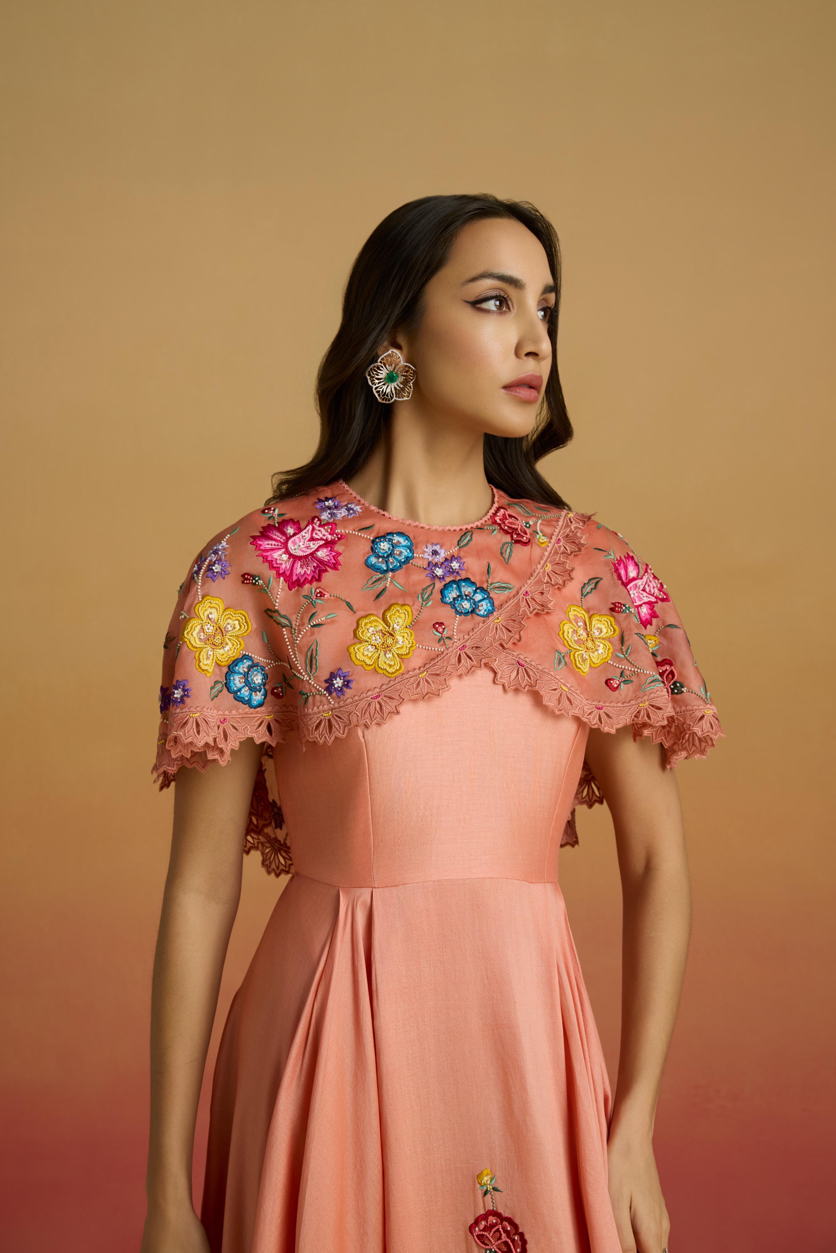 APRICOT CAPE DETAIL FLOUNCE DRESS