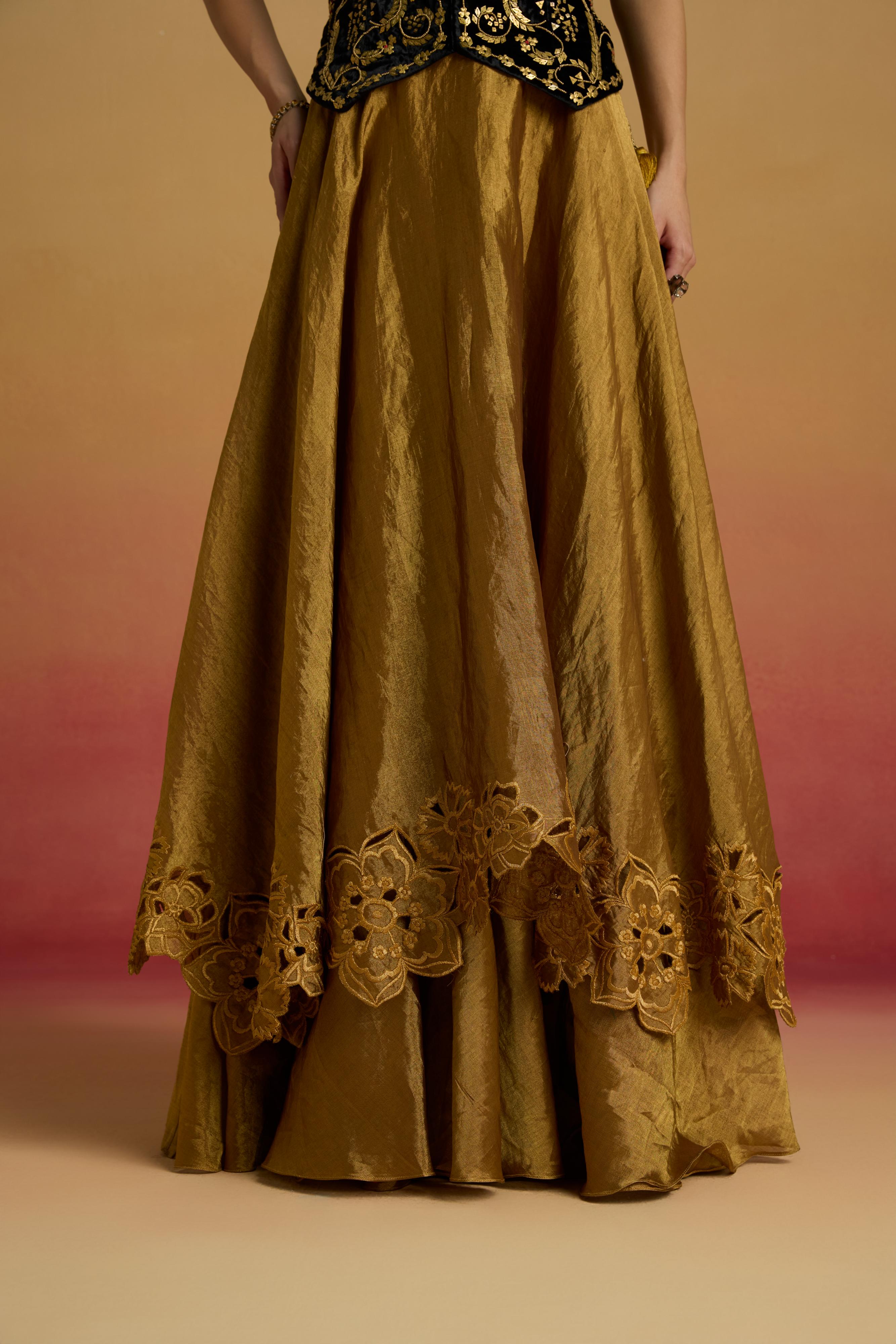 GOLD CUTWORK LAYERED LEHENGA