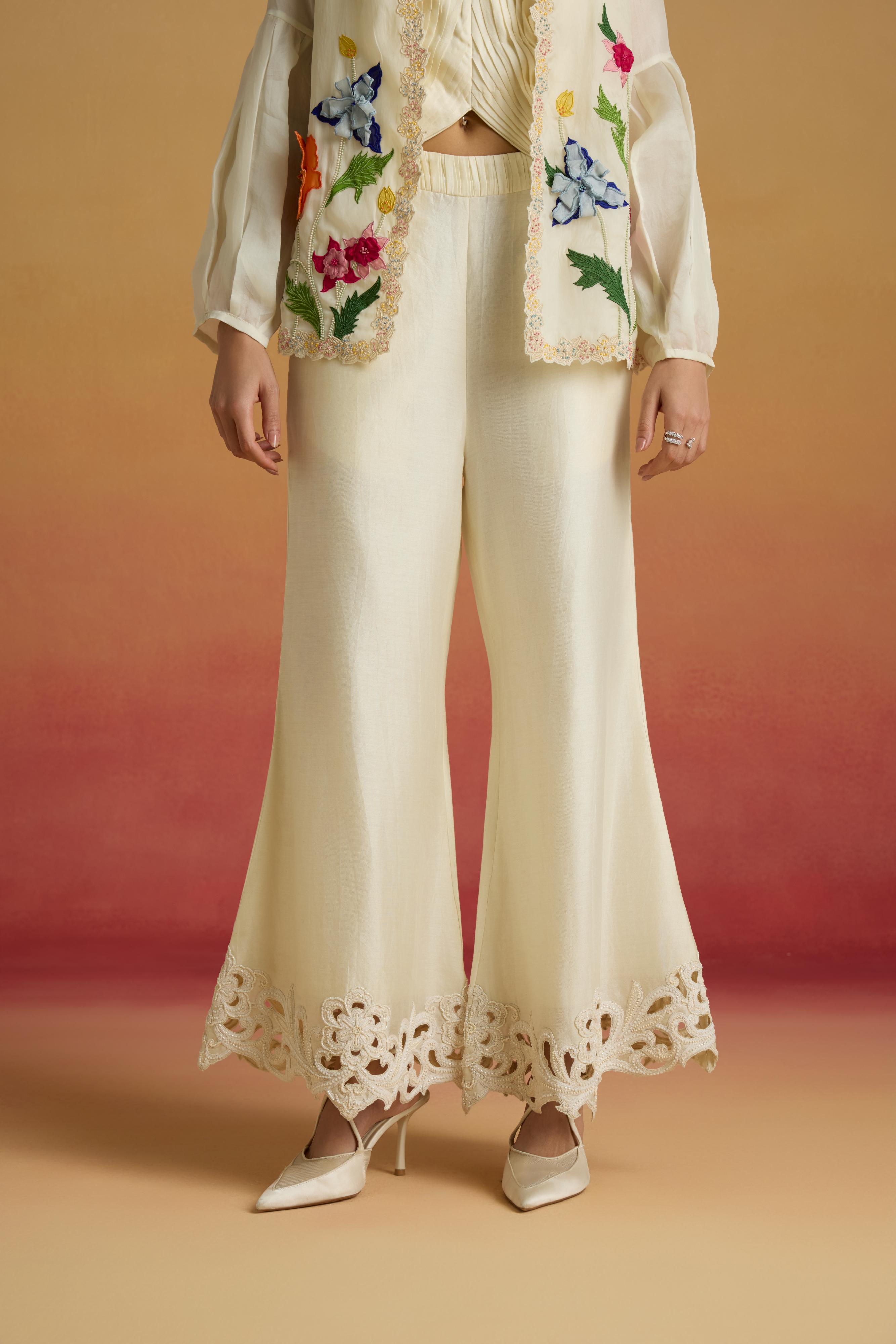 IVORY CORDWORK AND BEADWORK BELL BOTTOMS