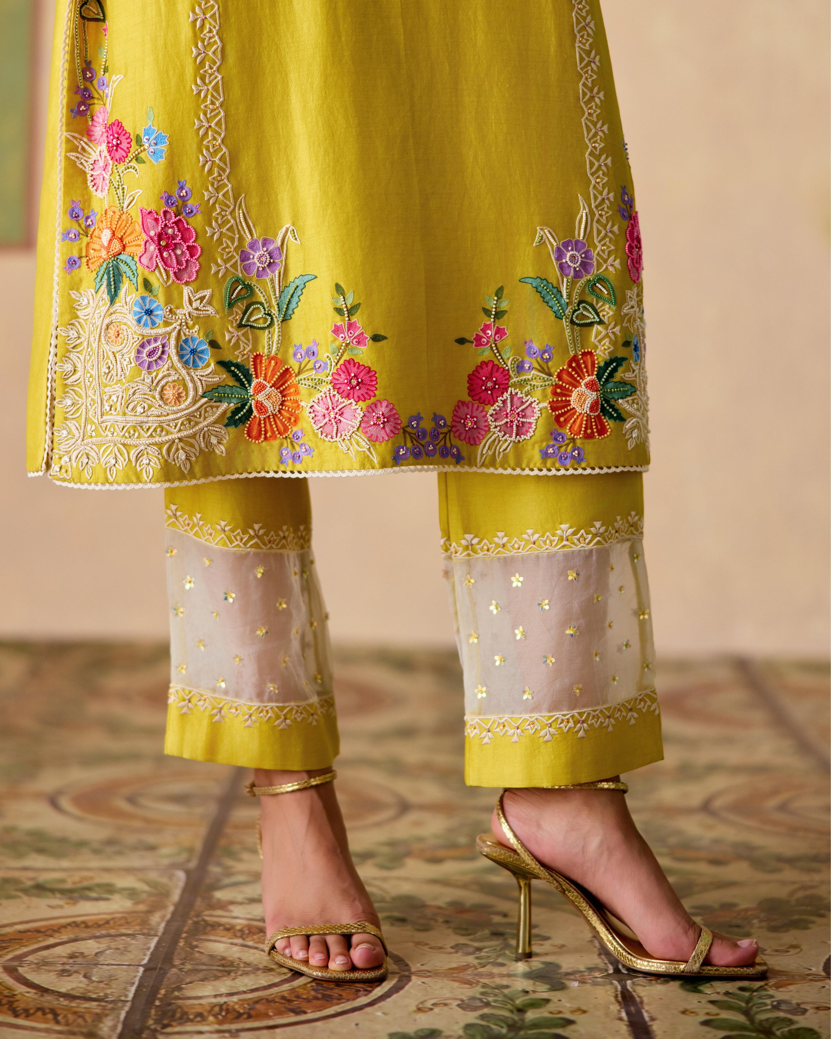 YELLOW AND IVORY EMBROIDERED KURTA WITH SHEER PANEL PANTS