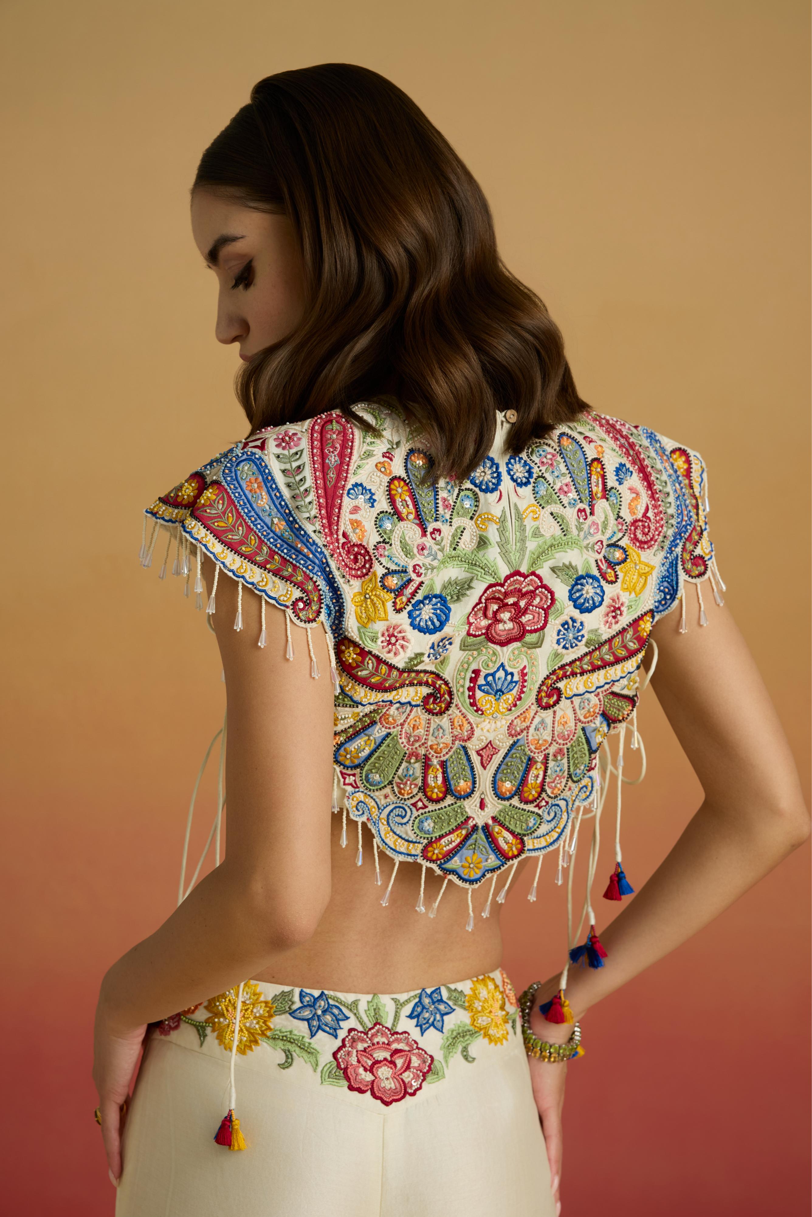 Elegant Ivory Chanderi Yoke Top with Intricate Applique, Threadwork & Beadwork