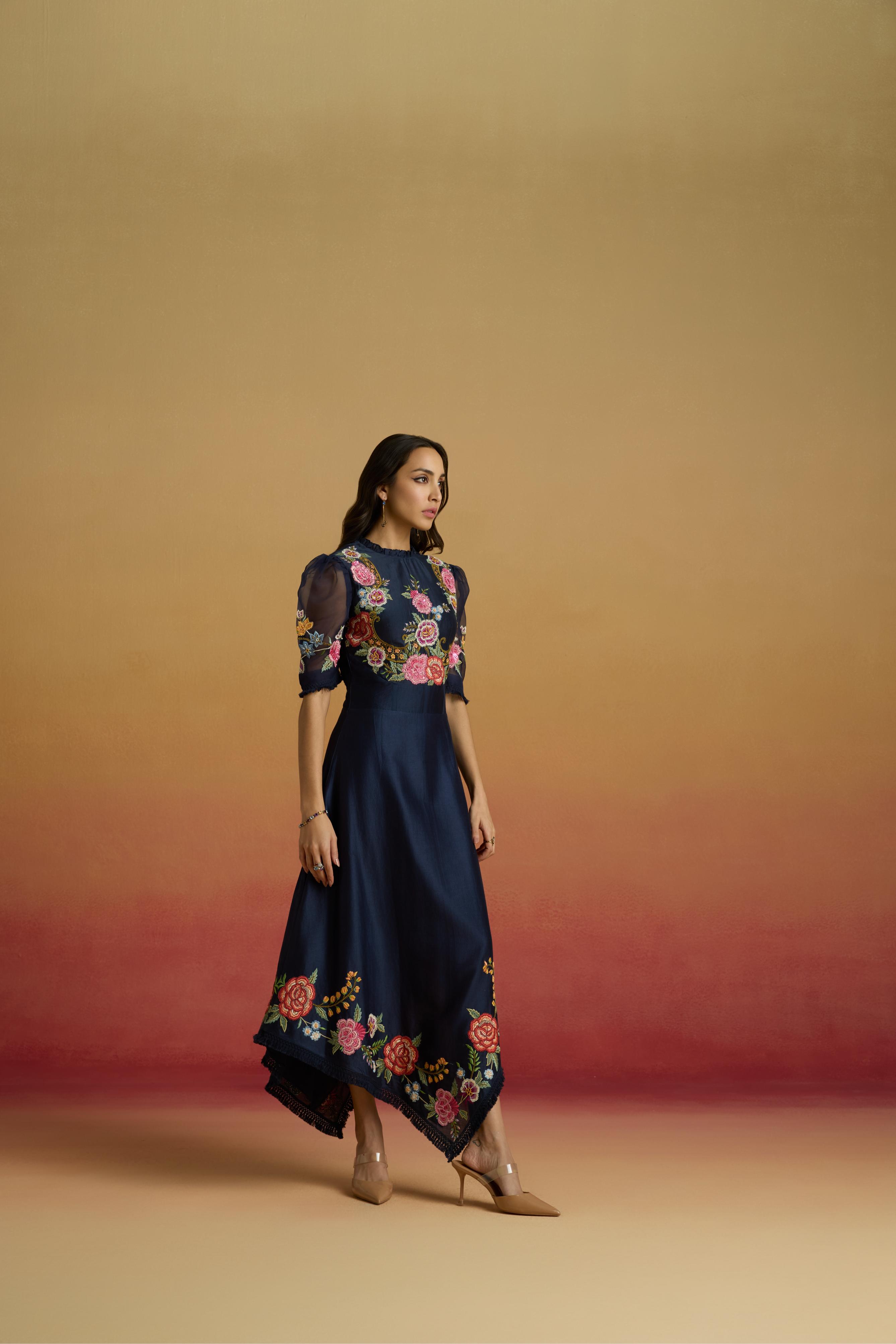 INDIGO FLORAL ASSYMETRIC DRESS