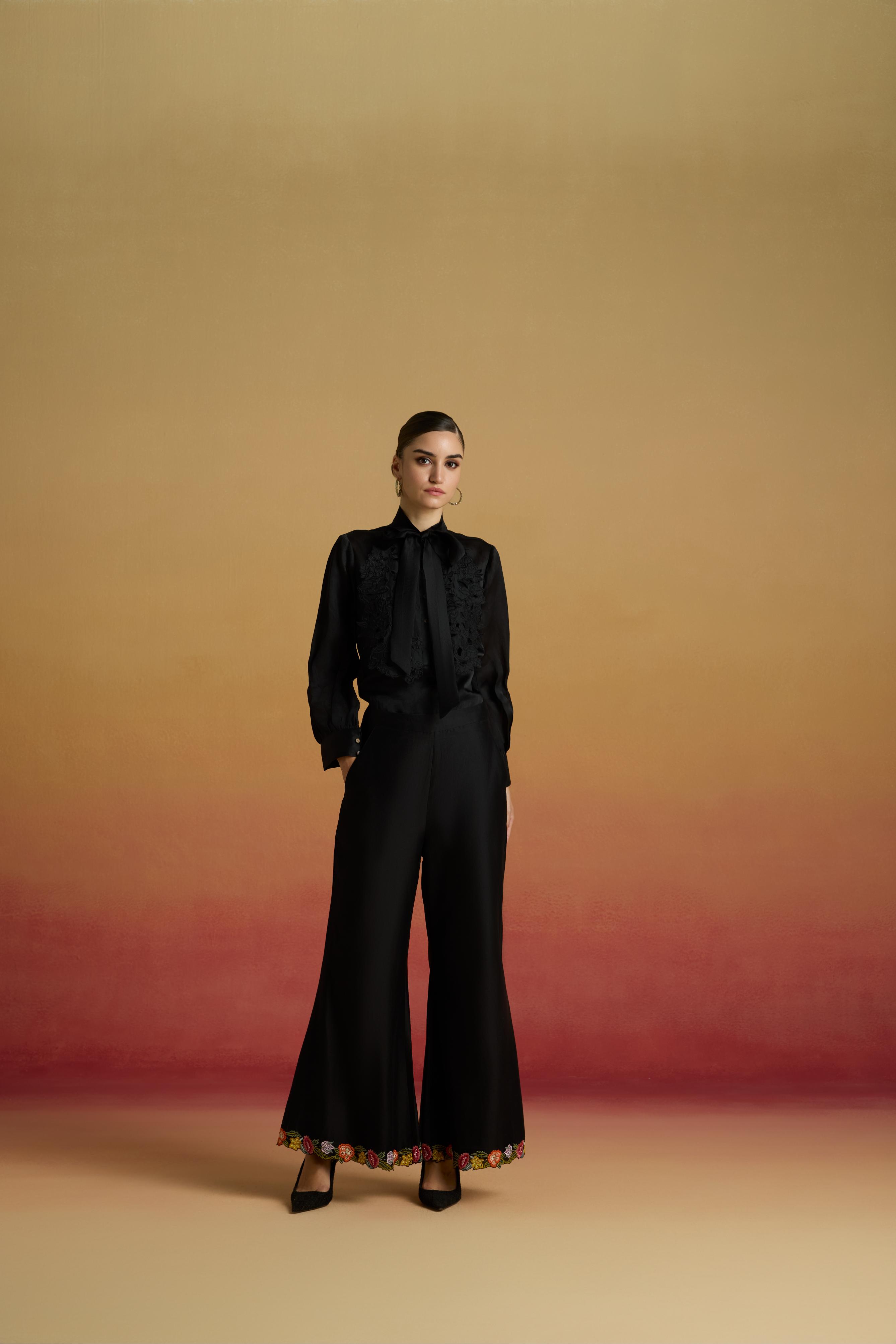 BLACK CUTWORK BIB LAYERED SHIRT