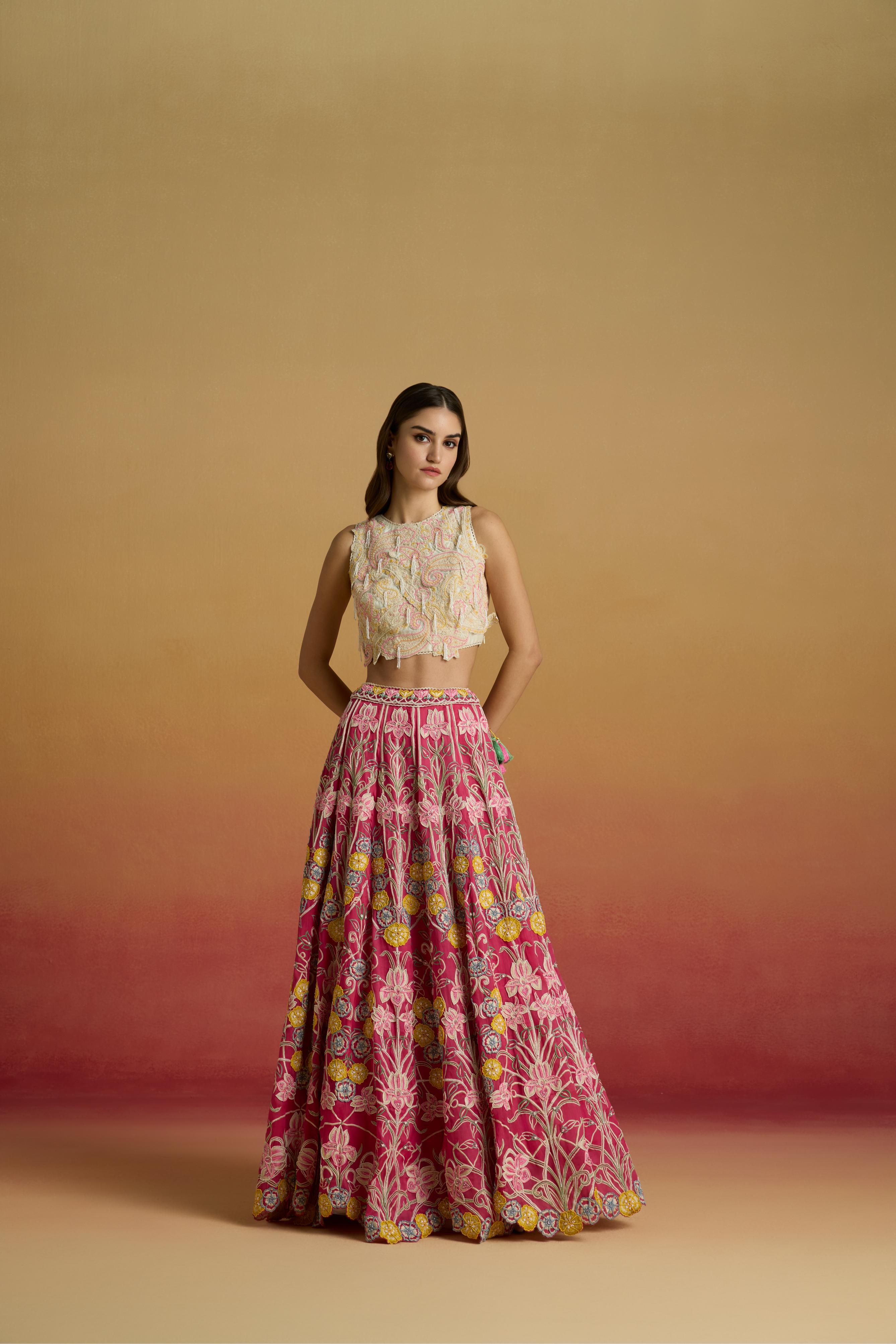 HOT PINK CONTRAST THREADWORK LEHENGA