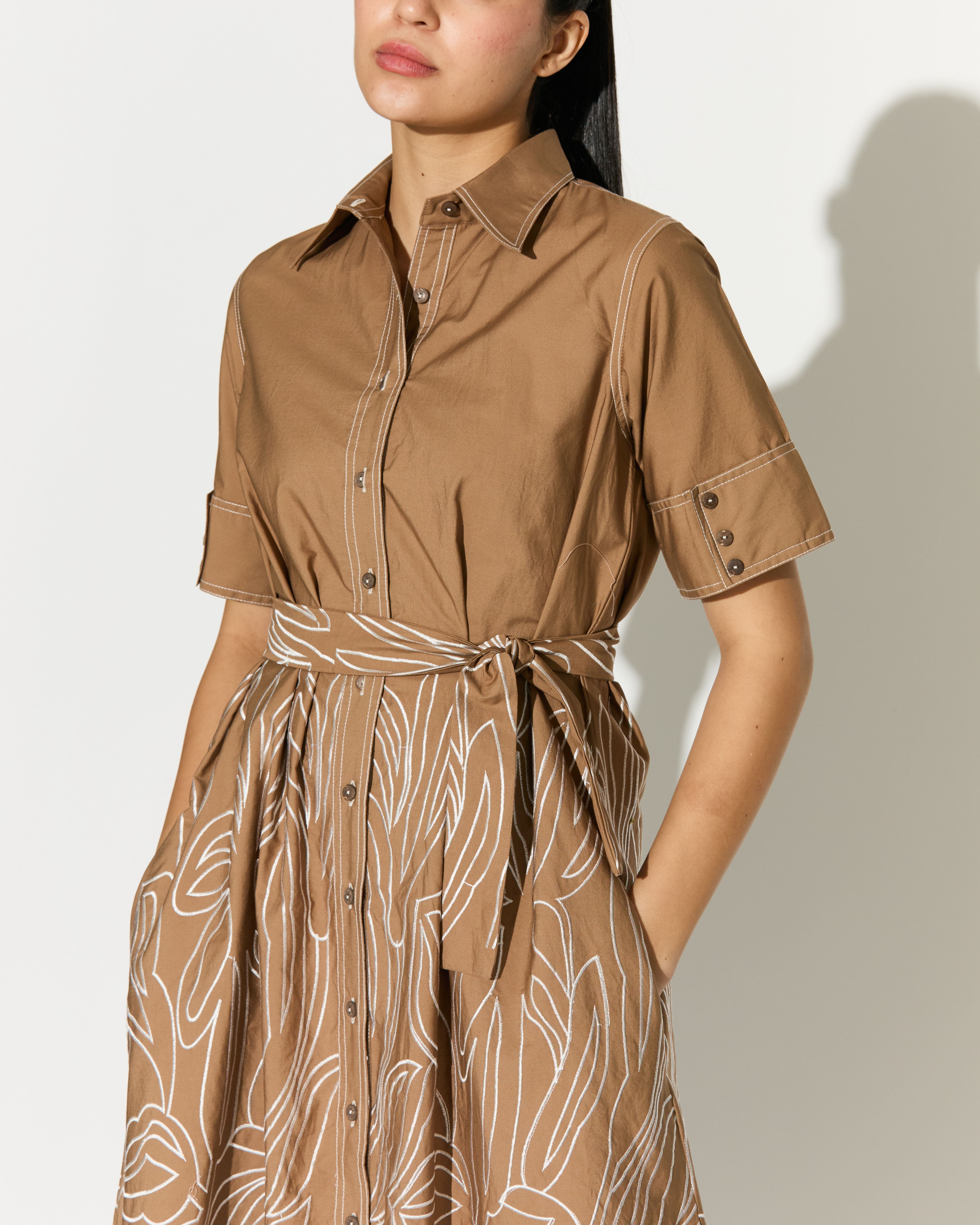 LIGHT BROWN EMBROIDERED SHIRT DRESS