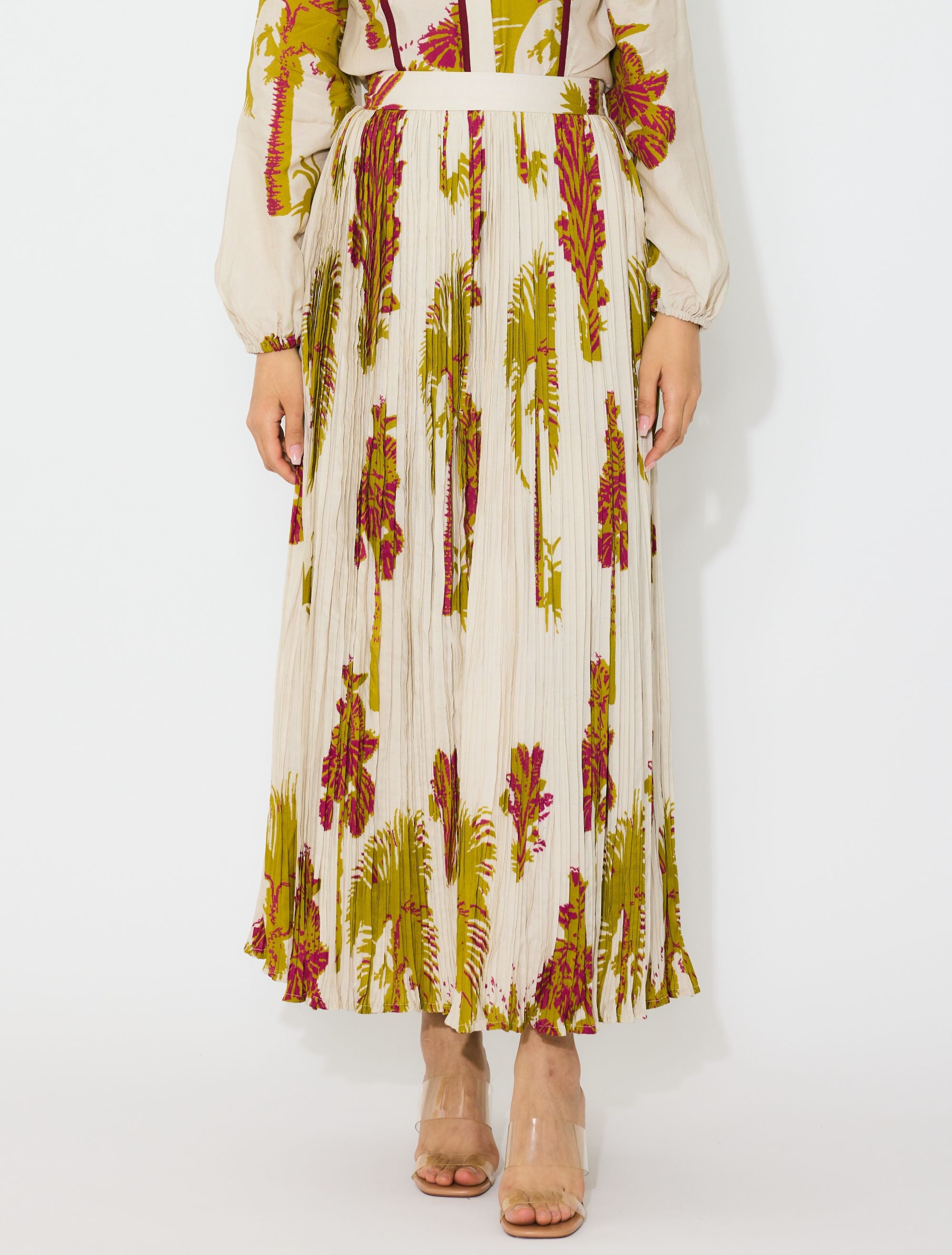 BEIGE, MUSTARD AND HOT PINK FLORAL CRINKLED SKIRT